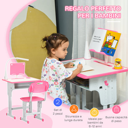 School Desk with Chair for Children 6-12 Years Adjustable Height, LED Lamp, Lectern and Pen Holder, Steel and MDF, Pink - Borgè