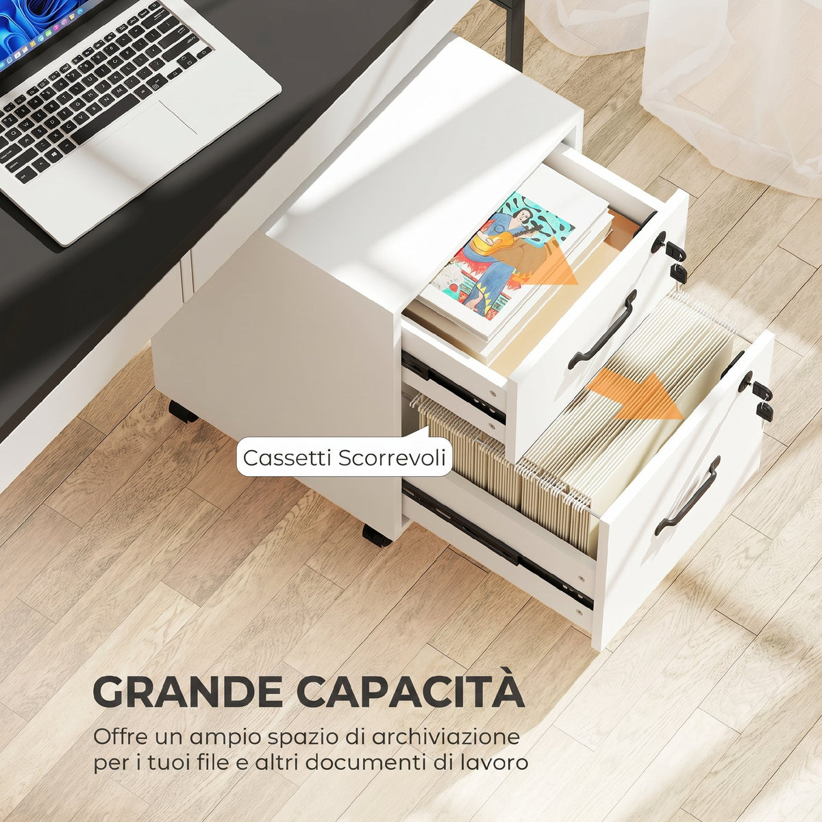 HOMCOM Office Filing Cabinet with 2 Drawers, Lockable Castors, Desk Drawer Unit for Letter/A4 Size, 40x40x54.1 cm, White