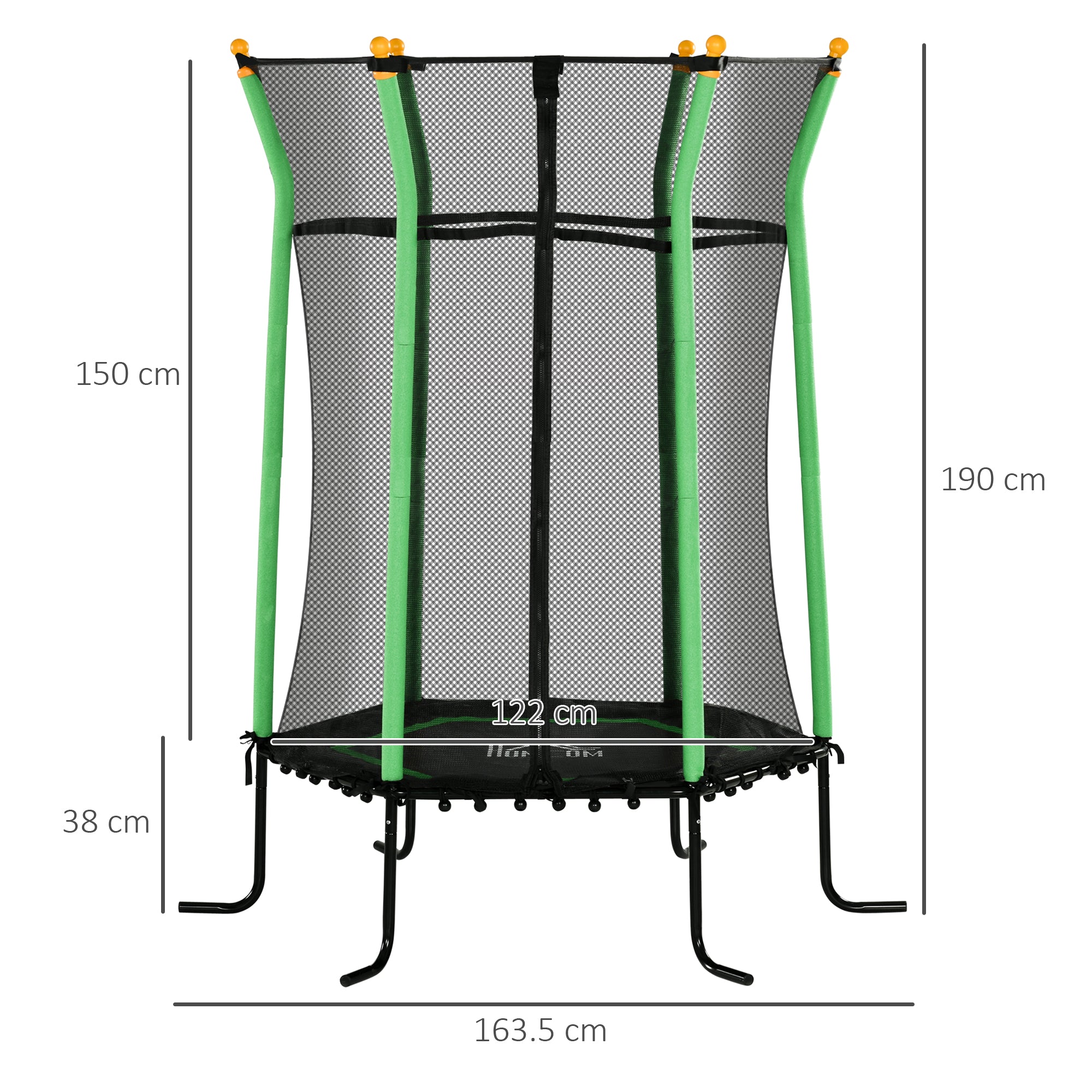 Trampoline for Children 3-10 Years with Zip Entrance and Padded Poles, Ø163.5x190 cm, Green