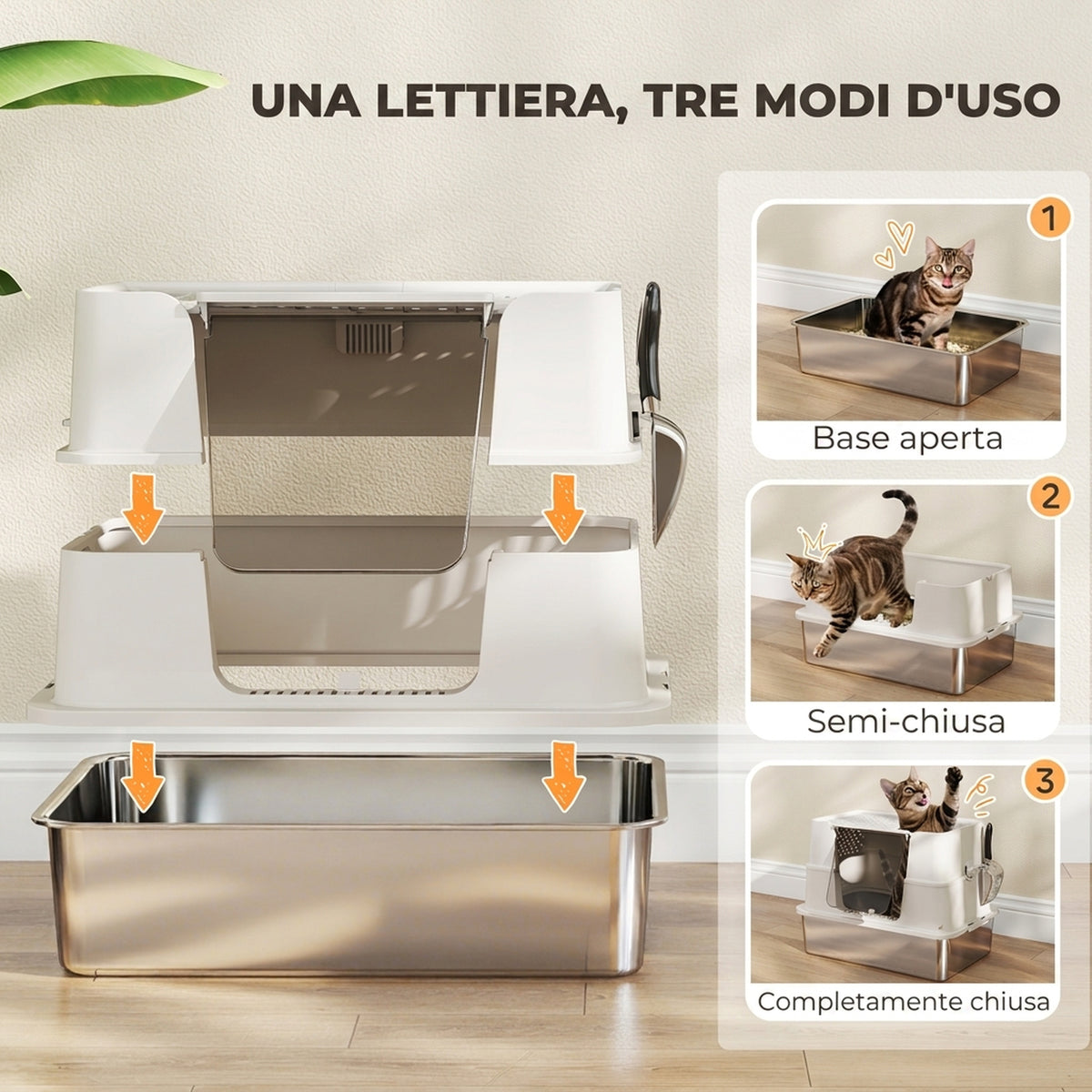 PawHut XL Stainless Steel Enclosed Cat Litter Box with Lid, Scoop, High Walls, Double Entrance, Light Grey