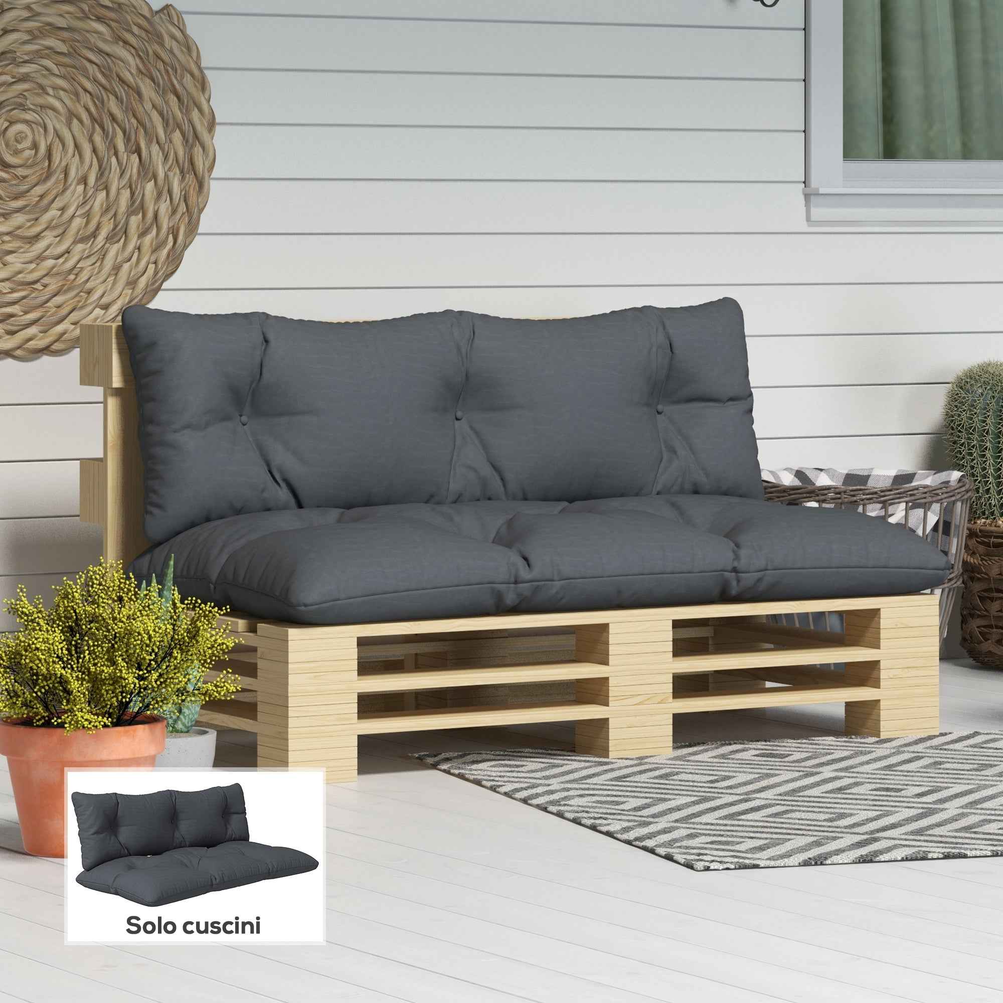 Outsunny 2-Piece Garden Cushion Set for Sofas and Pallets in Polyester with Thick Filling, Charcoal Grey