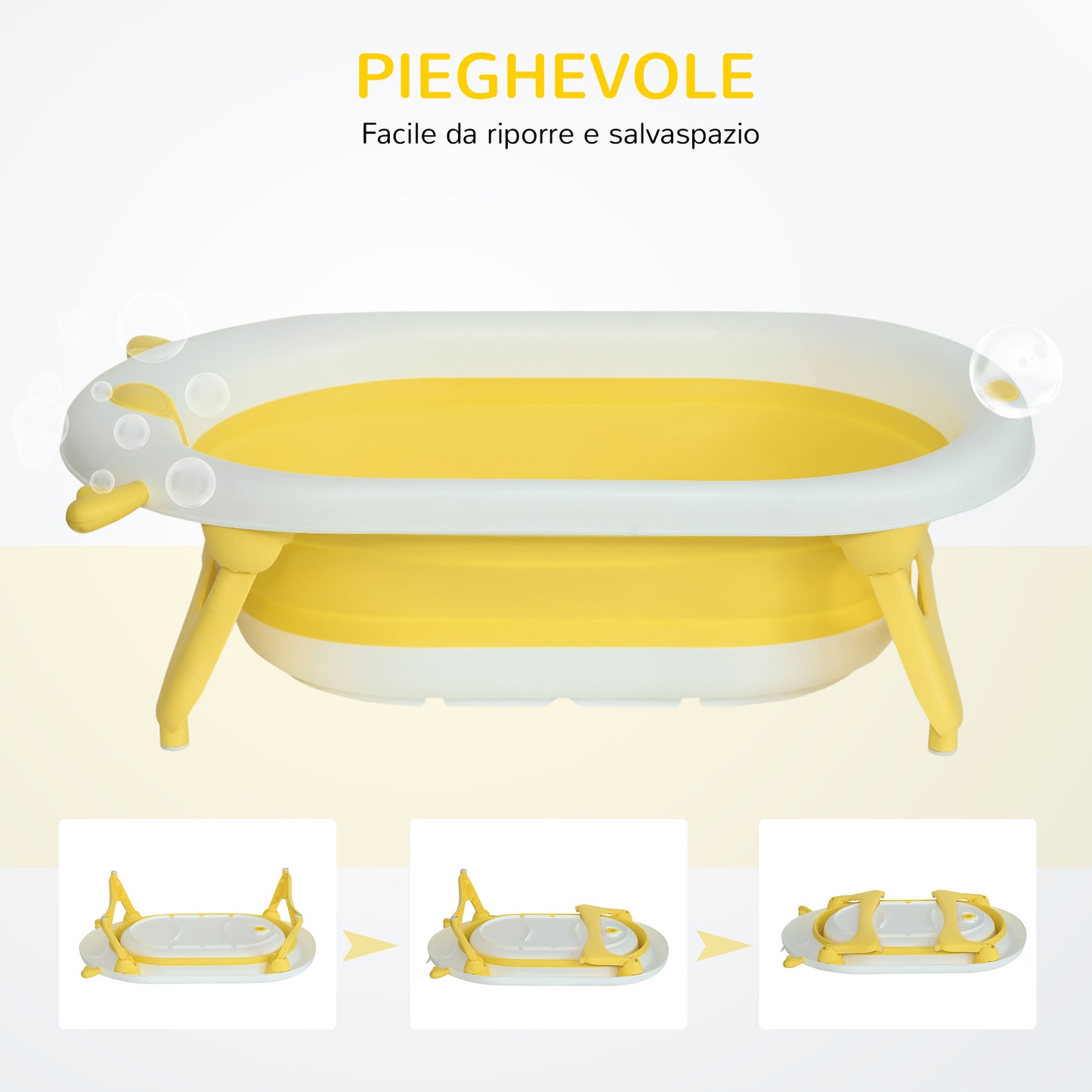 HOMCOM Foldable Baby Bath Tub for Children 0-3 Years with Temperature Indicator and Pillow, 81.5x50.5x23.5 cm, Yellow