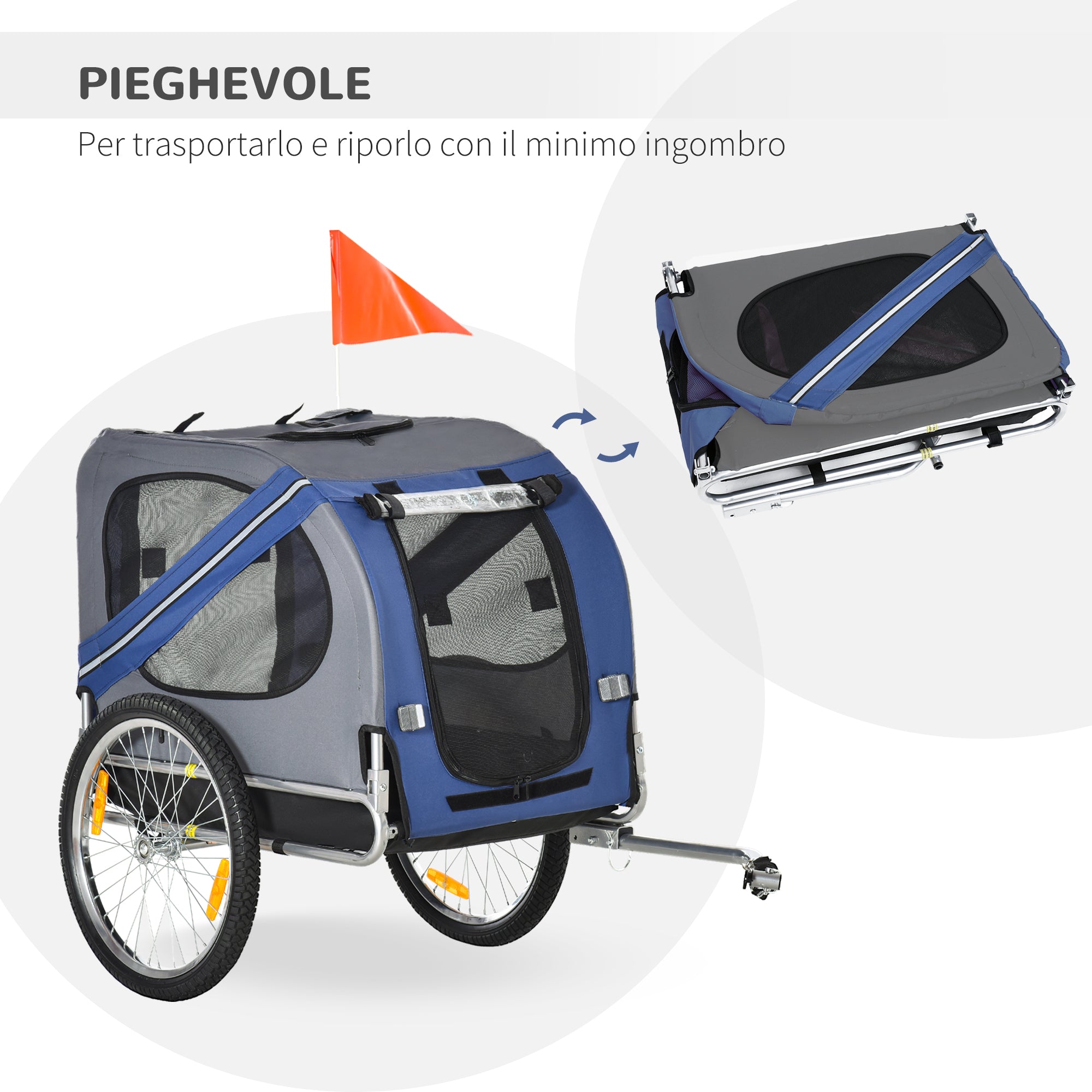 Pawhut bicycle trailer for dogs and cats 2 large 50cm wheels good ventilation flag safety flag resistant to blue and gray rail steel and oxford fabric - Borgè