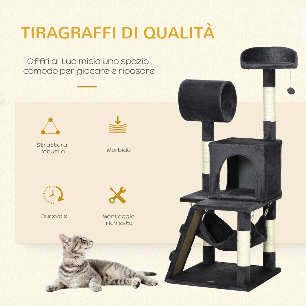 Cat Tree with Cat Scratching Post, Cat House, Hammock, Bed, Tunnel and Ball, 48x48 x125 cm, Dark Grey - Borge' Group Limited