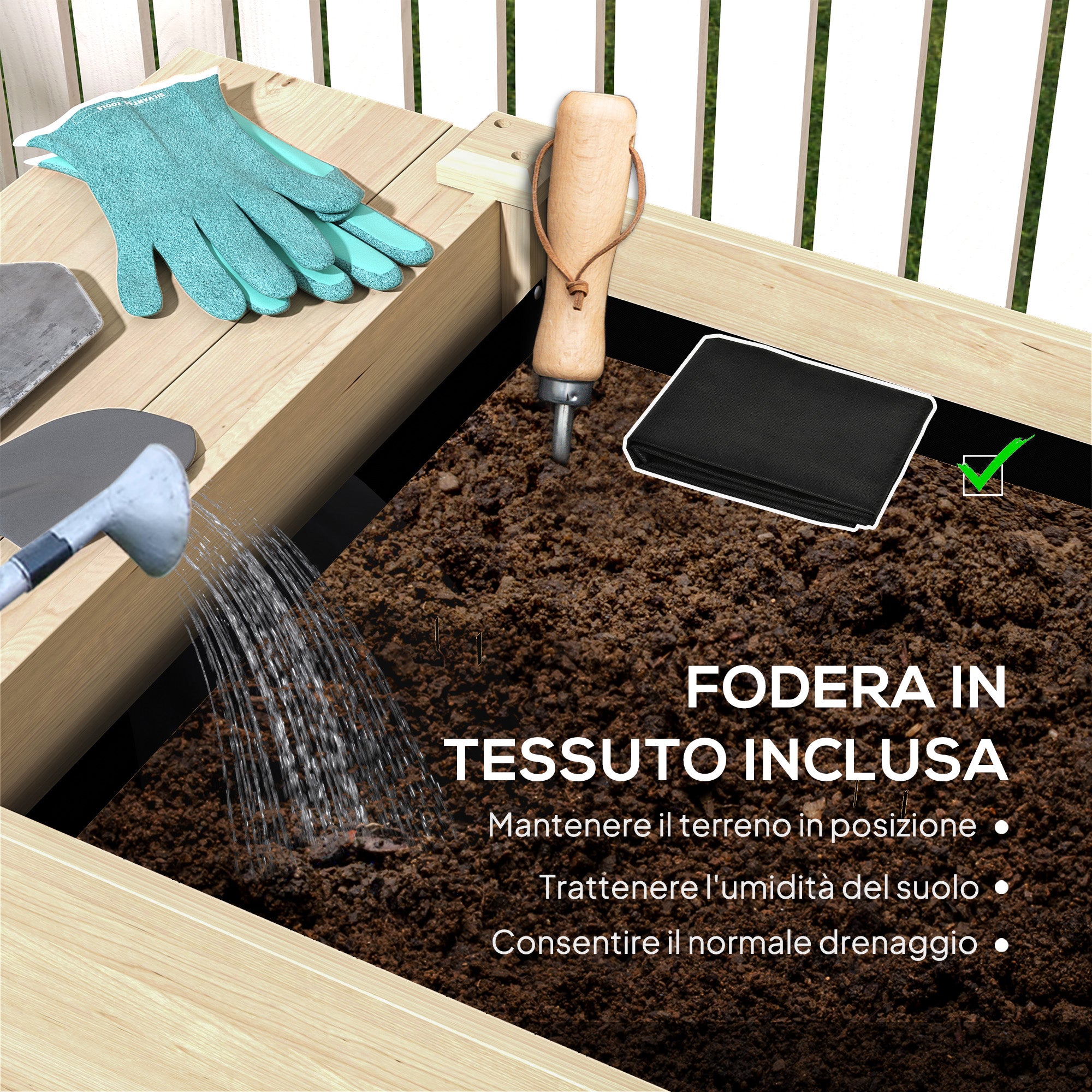 Raised Planter with Side Table and Lower Tool Shelf, in Fir Wood, 207x59x78 cm