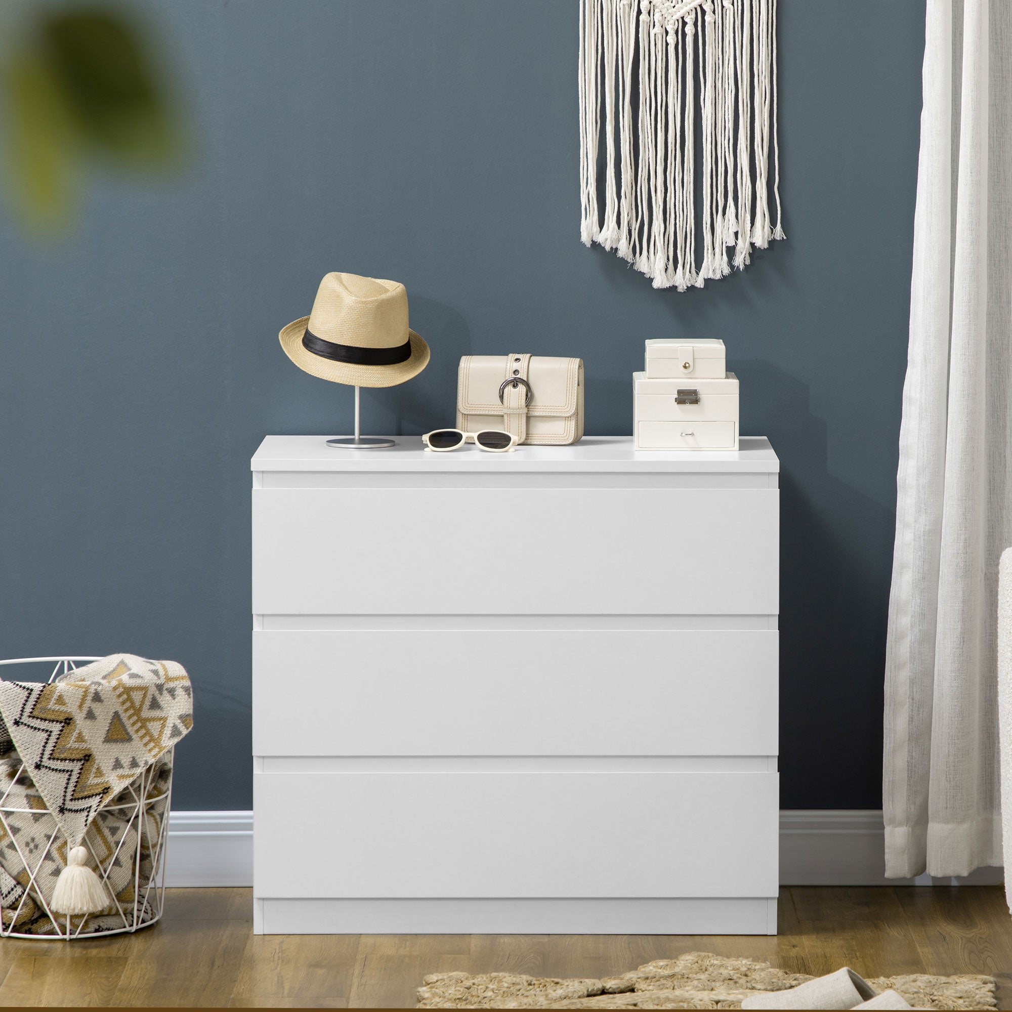 Modern 3-Drawer Chest of Drawers Without Handles for Bedroom and Living Room, 80x39x73 cm, White