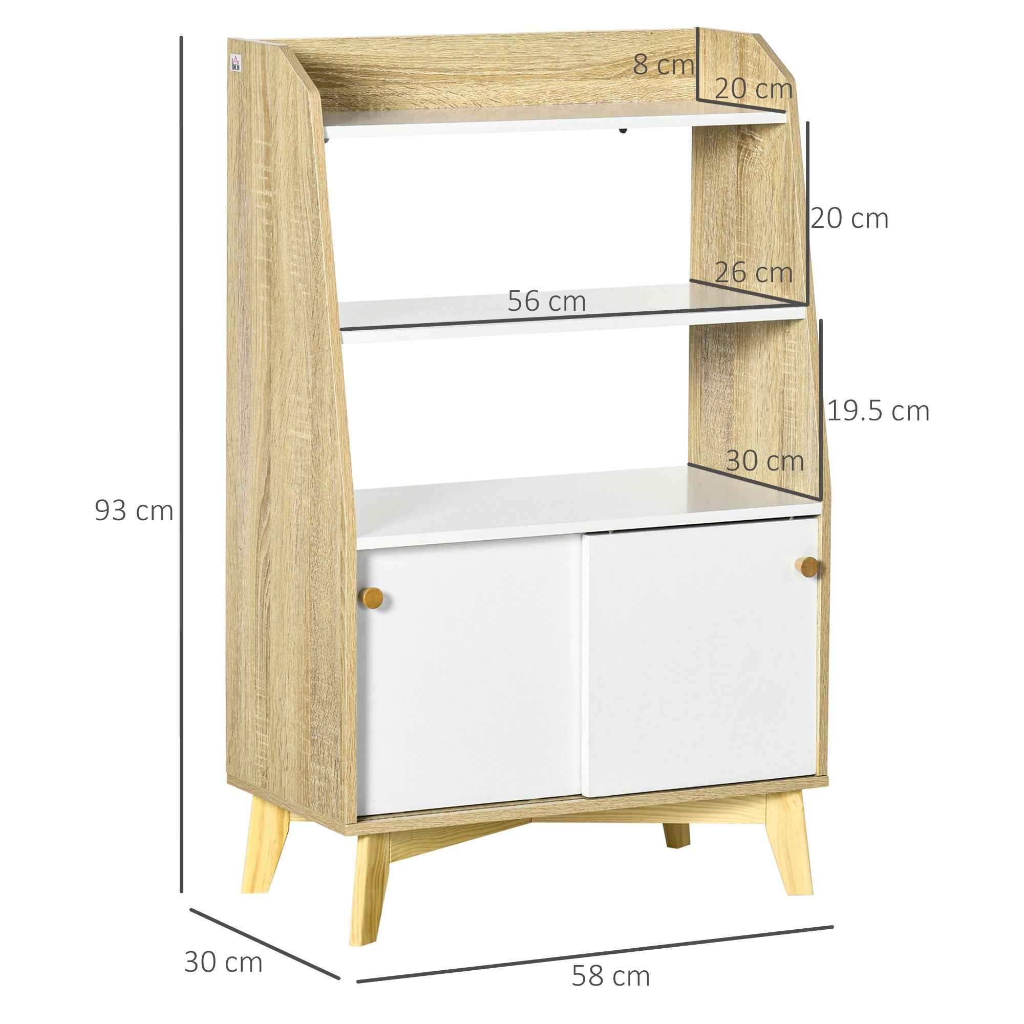 HOMCOM Living Room Cabinet with 2-Tier Open Shelf and 2-Door Cabinet, Chipboard and Pine Wood, 58x30x93 cm