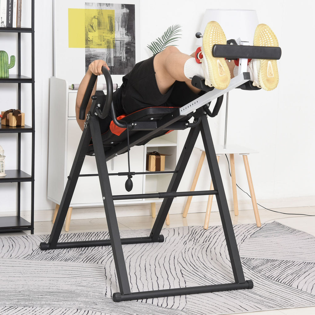 Inversion Bench with Adjustable Angle and Height and Headrest, in Steel and Plastic, 79x114x153 cm, Red and Black