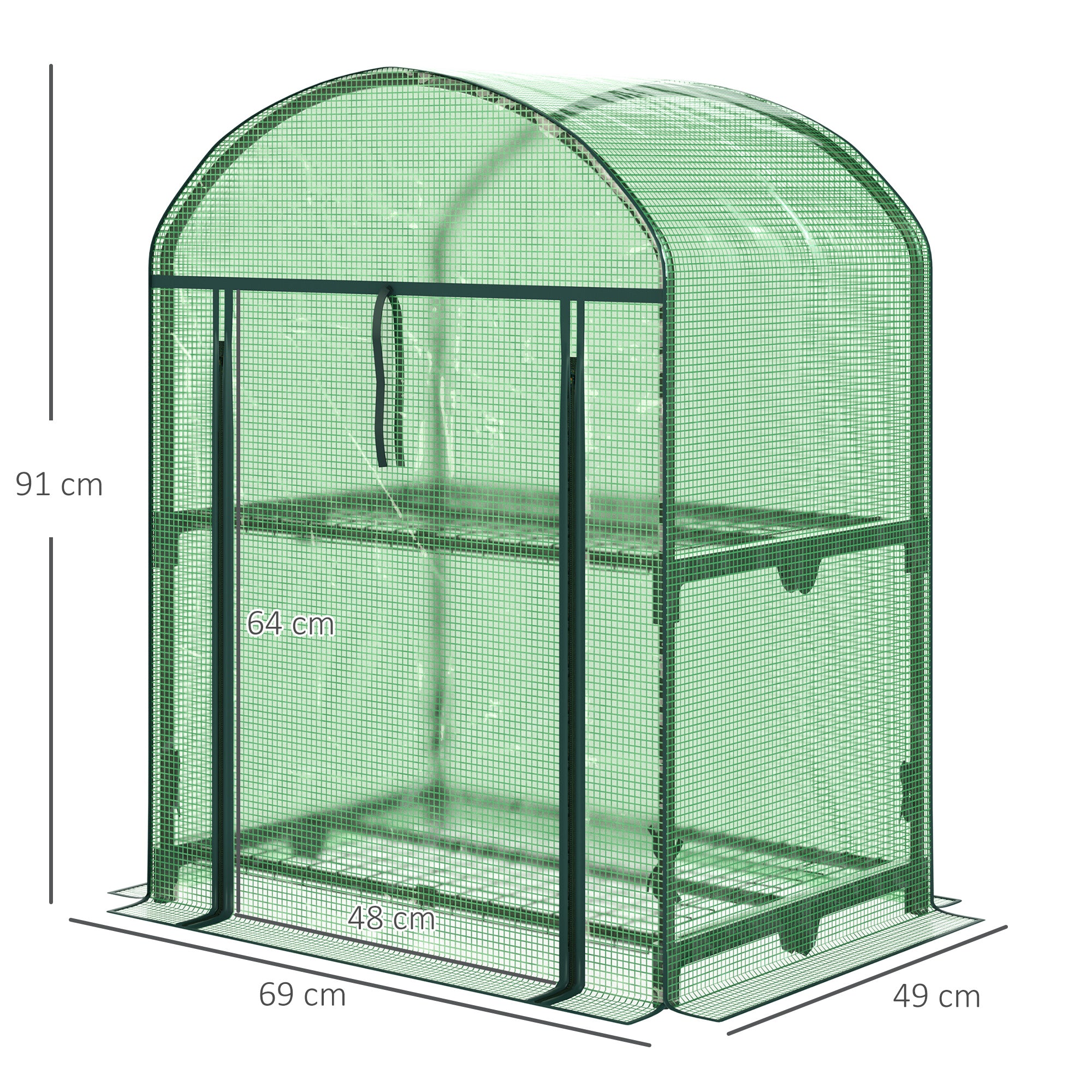 Outsunny Mini Garden Greenhouse with 2 Metal Shelves and PE Cover, 69x49x92cm, Green
