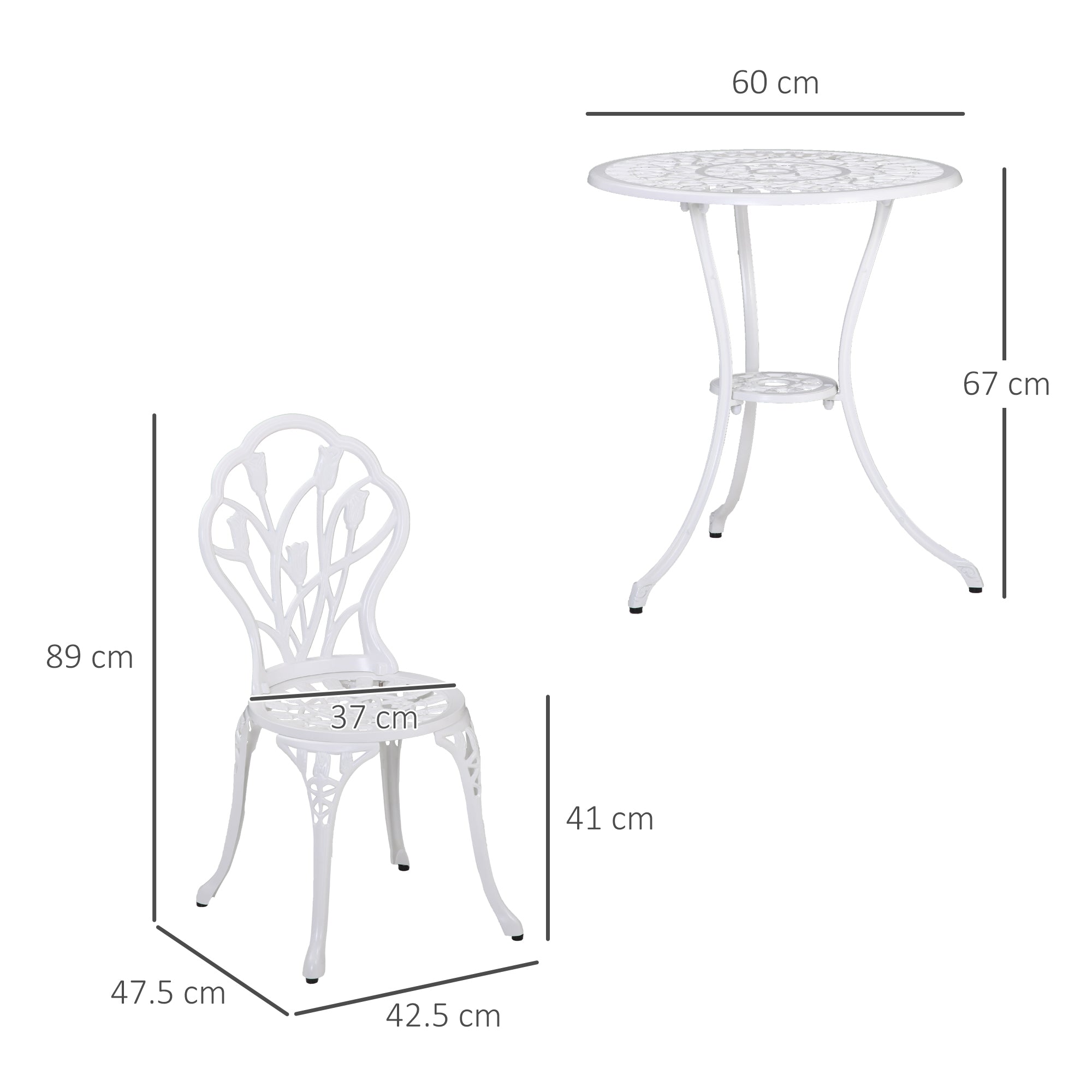 3-Piece Garden Set in Aluminum with 2 Chairs 42.5x47.5x89 cm and Round Table Ø60x67 cm, White - Borgè