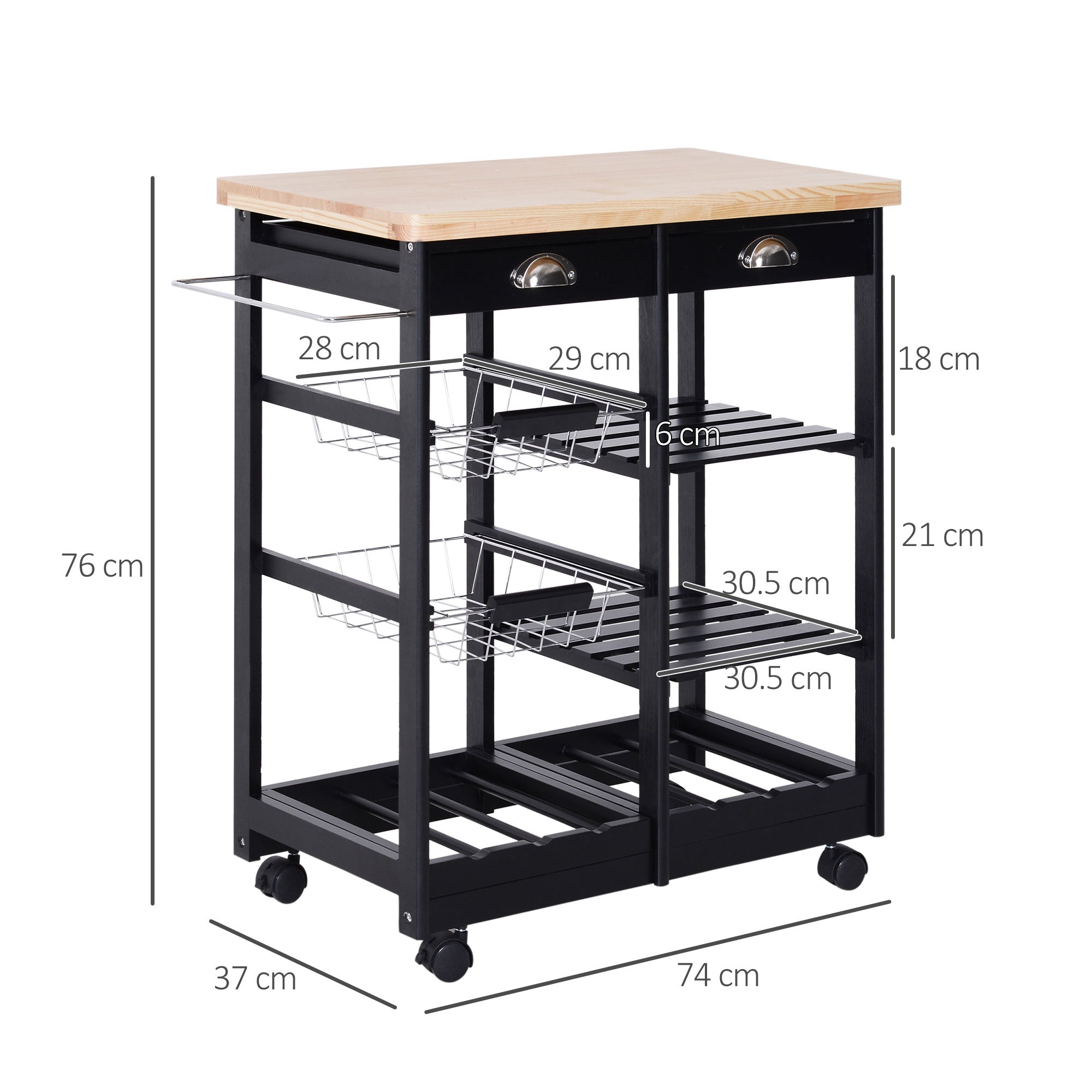 Kitchen trolley with drawers and wine bottle holder in wood and black - Borgè