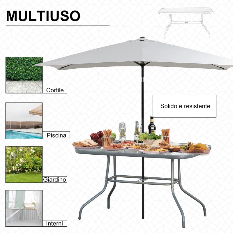 Garden Table with Umbrella Hole, Outdoor Furniture in Metal and Glass 120x80x70cm Grey - Borge' Group Limited