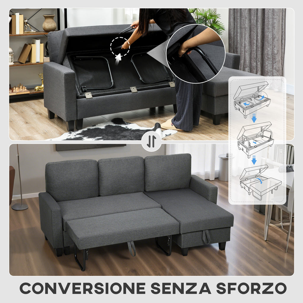 3-Seater Sofa Bed with Chaise and Storage Space, Linen-Effect Fabric, 197x129x85 cm, Charcoal Grey