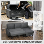 3-Seater Sofa Bed with Chaise and Storage Space, Linen-Effect Fabric, 197x129x85 cm, Charcoal Grey