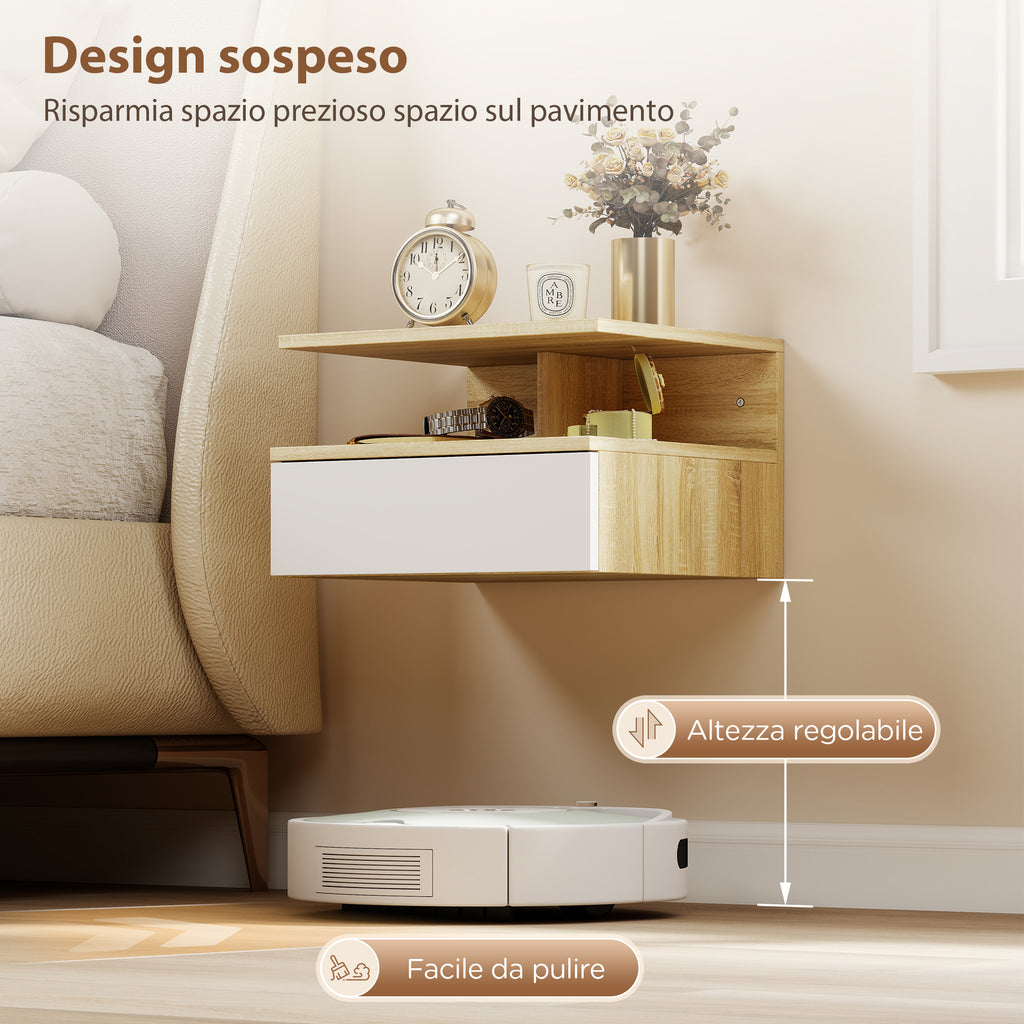 HOMCOM Set of 2 Floating Bedside Tables with Drawer and Open Shelf, 35x32x22.5 cm, White and Oak