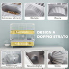 2-Tier, 3-Door Hamster Cage with Wheel and Tubes, Steel, PS and PP, 44.5x28x44 cm, Grey and White