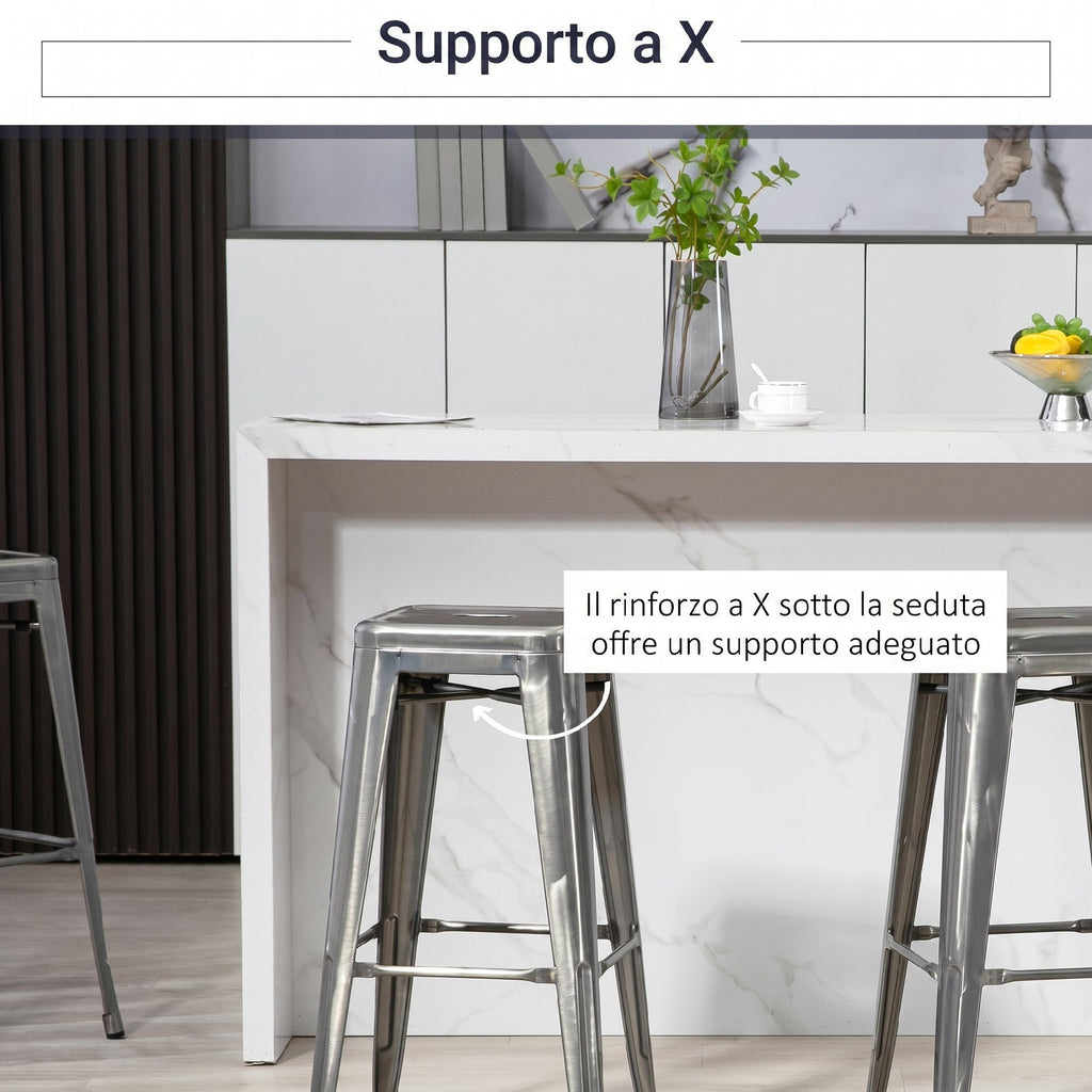 HOMCOM Set of 4 Stackable Bar Stools with Footrest, Industrial Style, Steel, for Dining Room, Silver