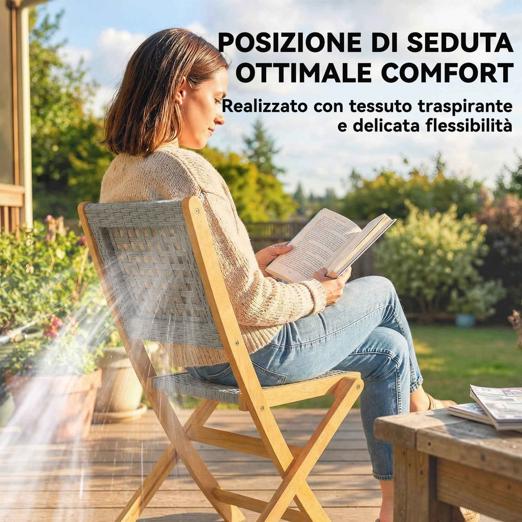 Outsunny Set of 2 Folding Garden Chairs in PE Rattan and Acacia Wood, Supports up to 160 kg, Grey