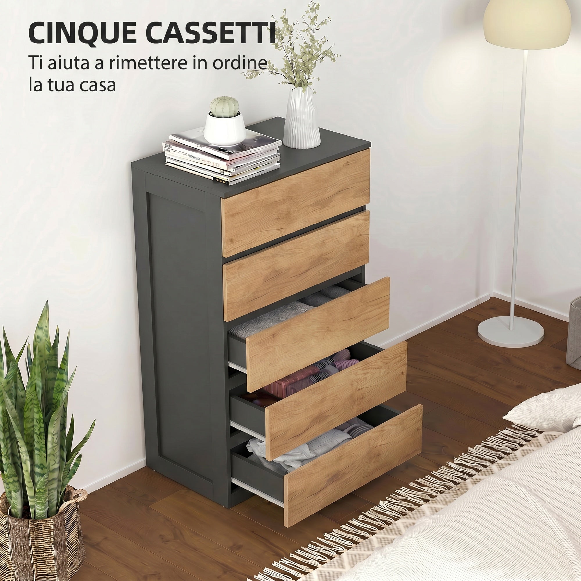 HOMCOM 5-Drawer Wooden Chest of Drawers with Metal Rails and Grooved Handles, 60x39x100 cm, Black and Oak