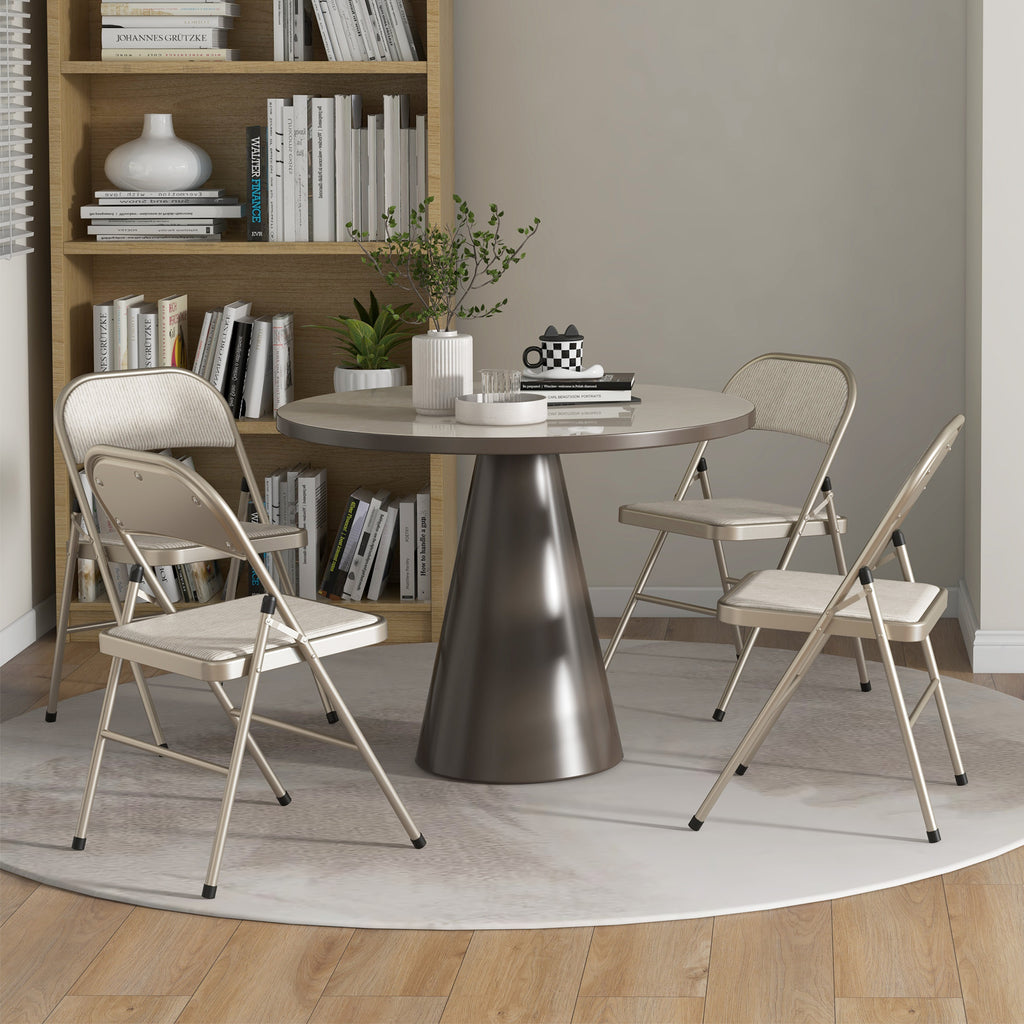Set of 4 Folding Chairs with Upholstered Polyester Seat and Steel Frame, Beige