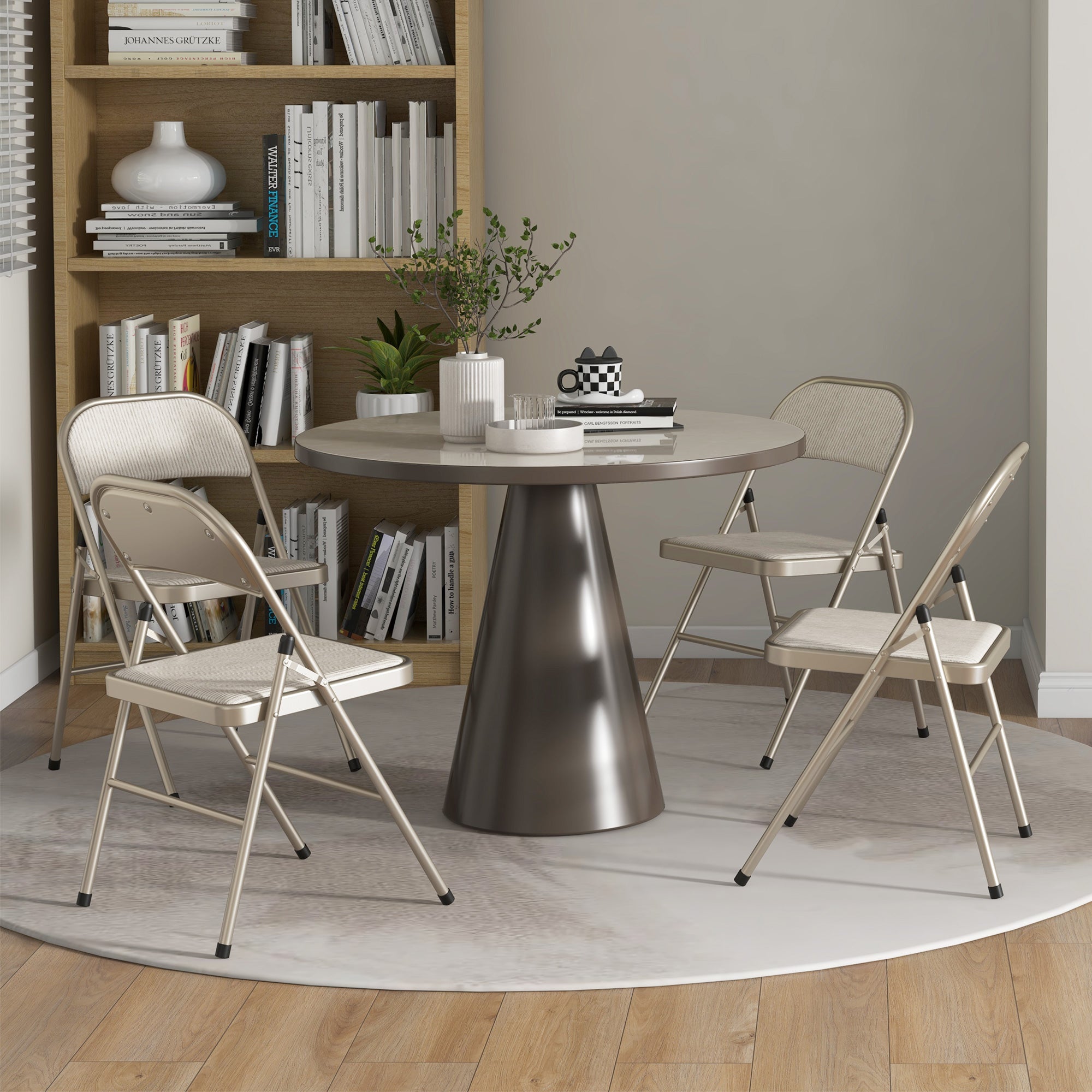 Set of 4 Folding Chairs with Upholstered Polyester Seat and Steel Frame, Beige