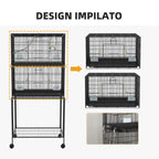 Bird Cage in Steel and PP, Stacked Design with Perches, Swings and Ladders, 77x46x164 cm, Black