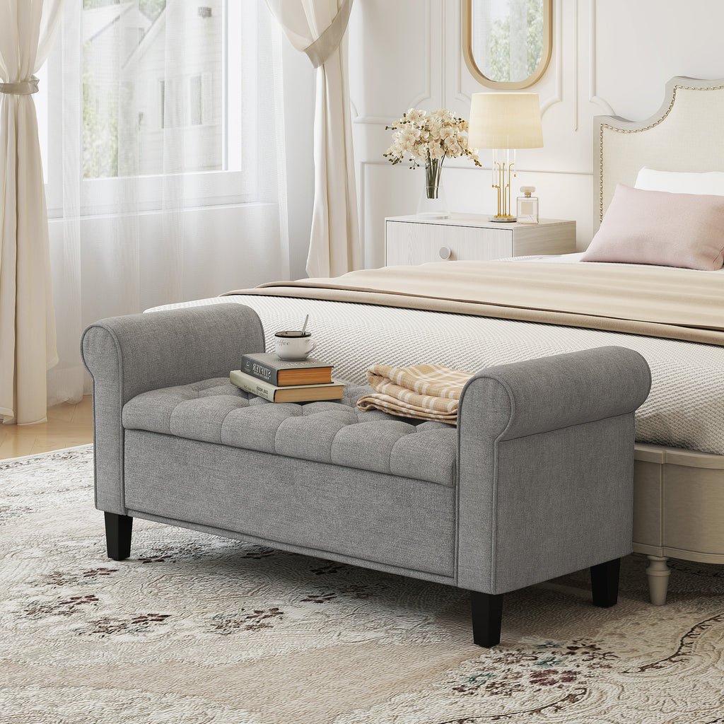 HOMCOM Velvet Fabric Bedside Bench with Storage and Rolled Armrests, Light Grey