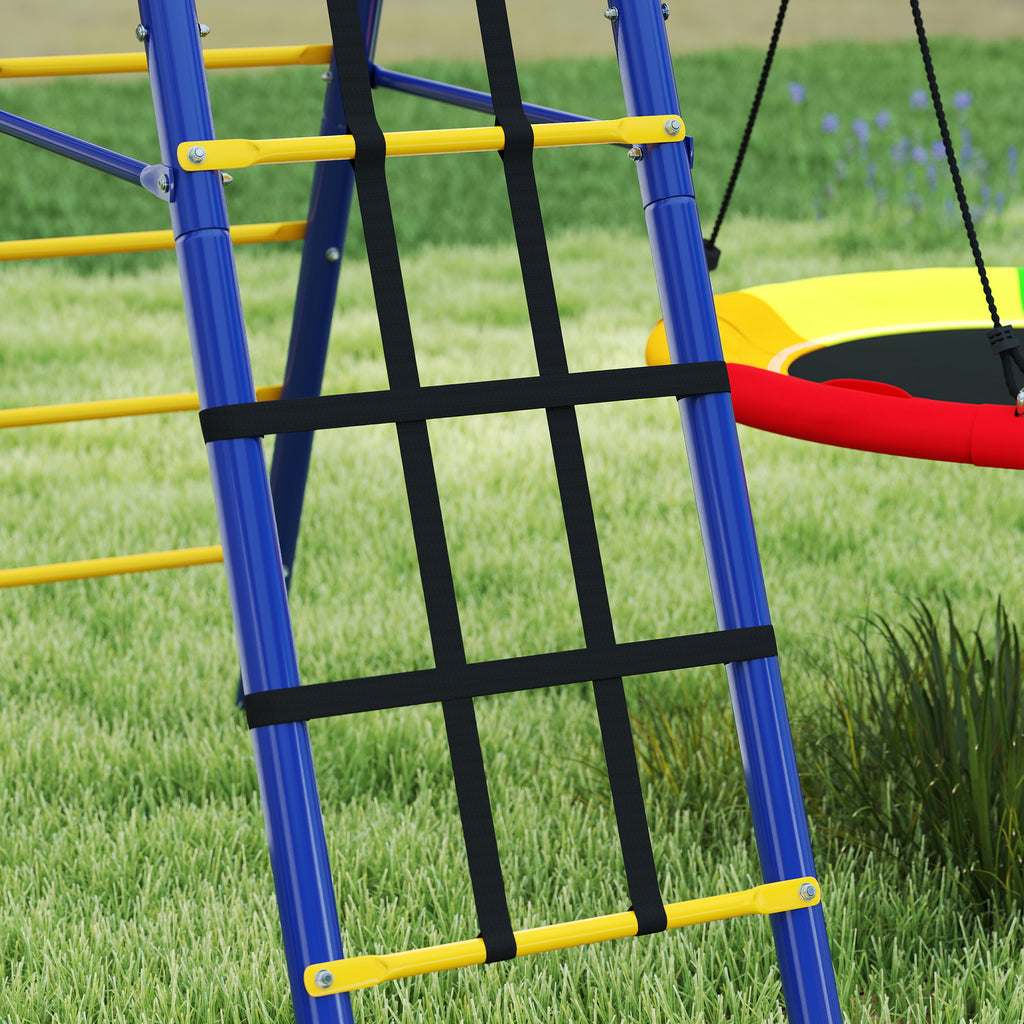 Children's Play Set 3-8 Years with 3 Swings, Rope Ladder and Basketball Hoop, in Steel, PE and PP, 3.5x1.8x2 m