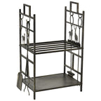 Wrought Iron Log Holder with Fireplace Tools, Handles and Raised Base, 51.5x33x77cm, Black