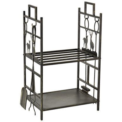 Wrought Iron Log Holder with Fireplace Tools, Handles and Raised Base, 51.5x33x77cm, Black