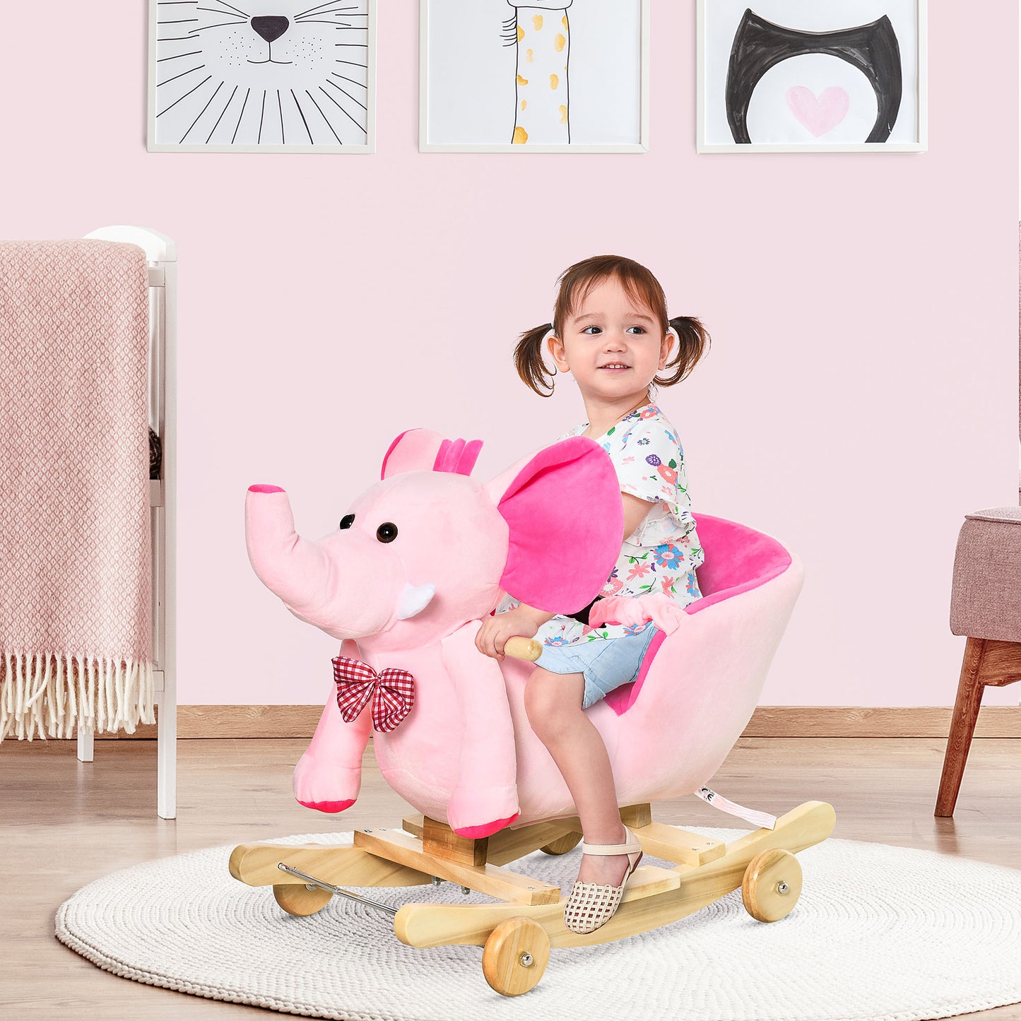 Elephant-shaped Rocking Animal with Wheels and Belt, Plush, Wood and Steel, 60x35x45 cm, Pink