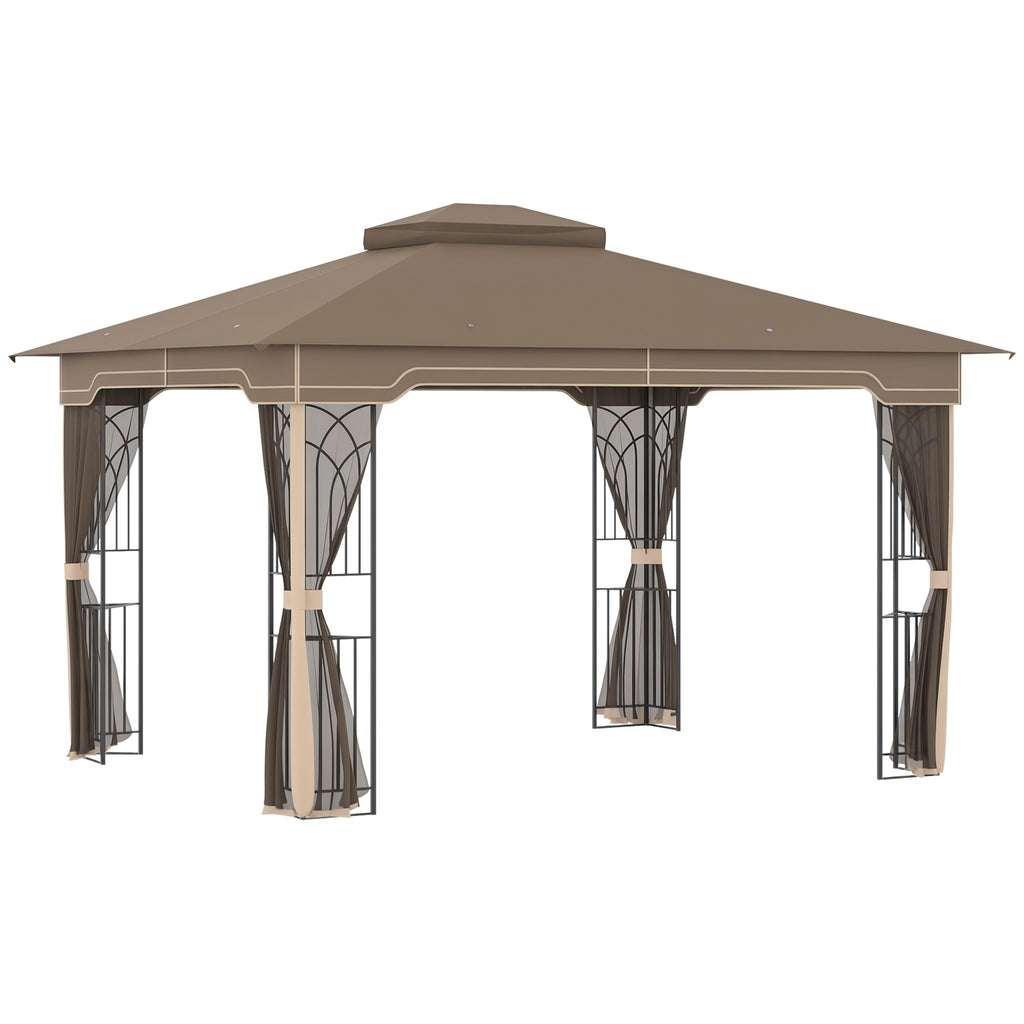 Garden Gazebo with Mosquito Net, Double Roof and Metal Frame, 3.7x3m Brown and Beige