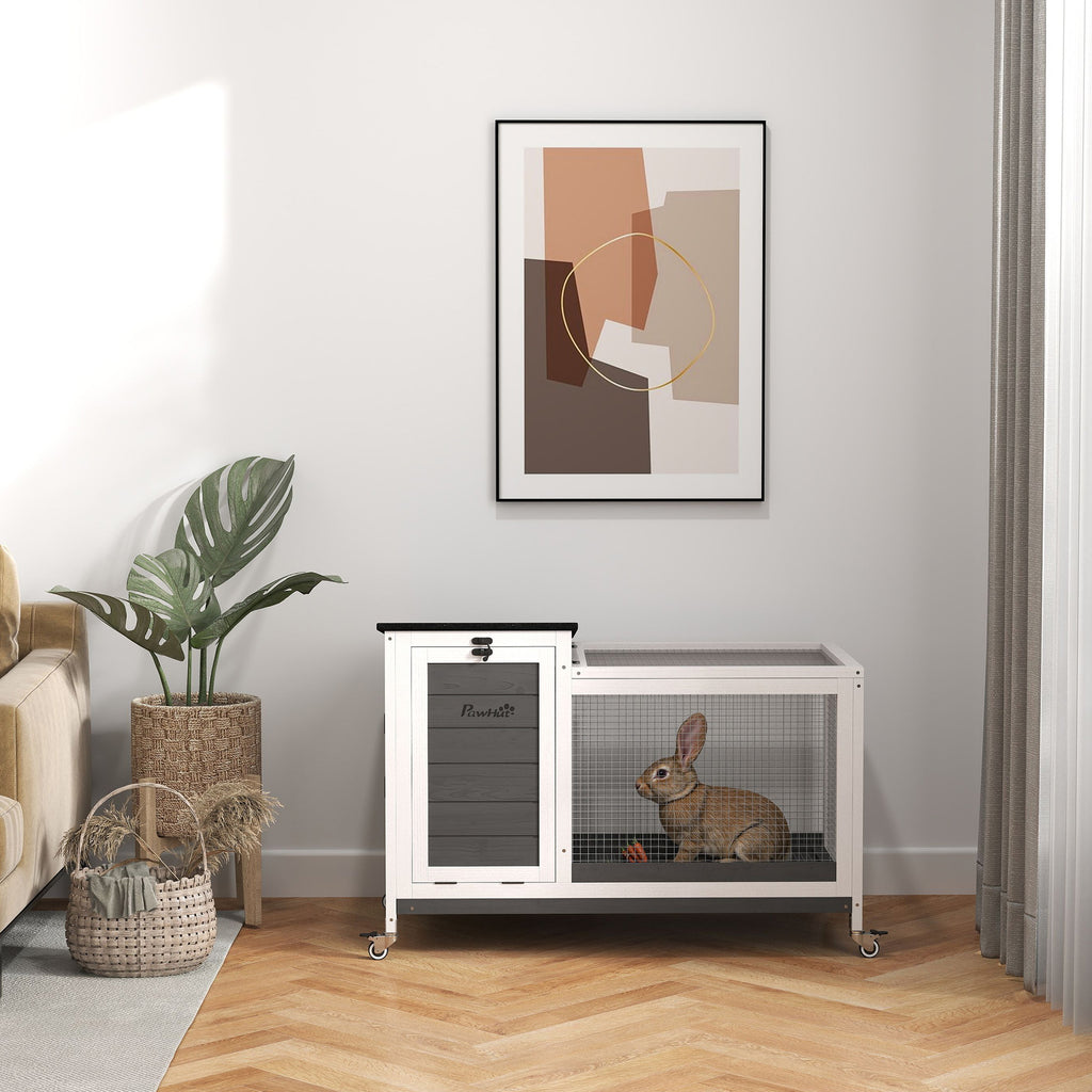 Outdoor Rabbit Hutch on Wheels with Removable Tray, in Fir Wood and Steel, 91x51x66 cm, Multicolor