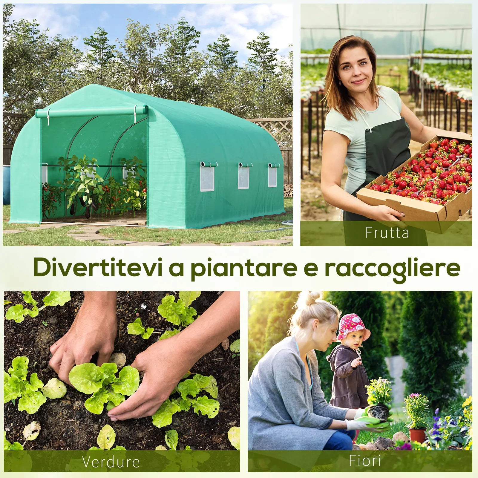 4.5x3x2m Tunnel Greenhouse for Vegetable Garden with Sloping Roof in PE and Steel Pipes Dark Green - Borge' Group Limited