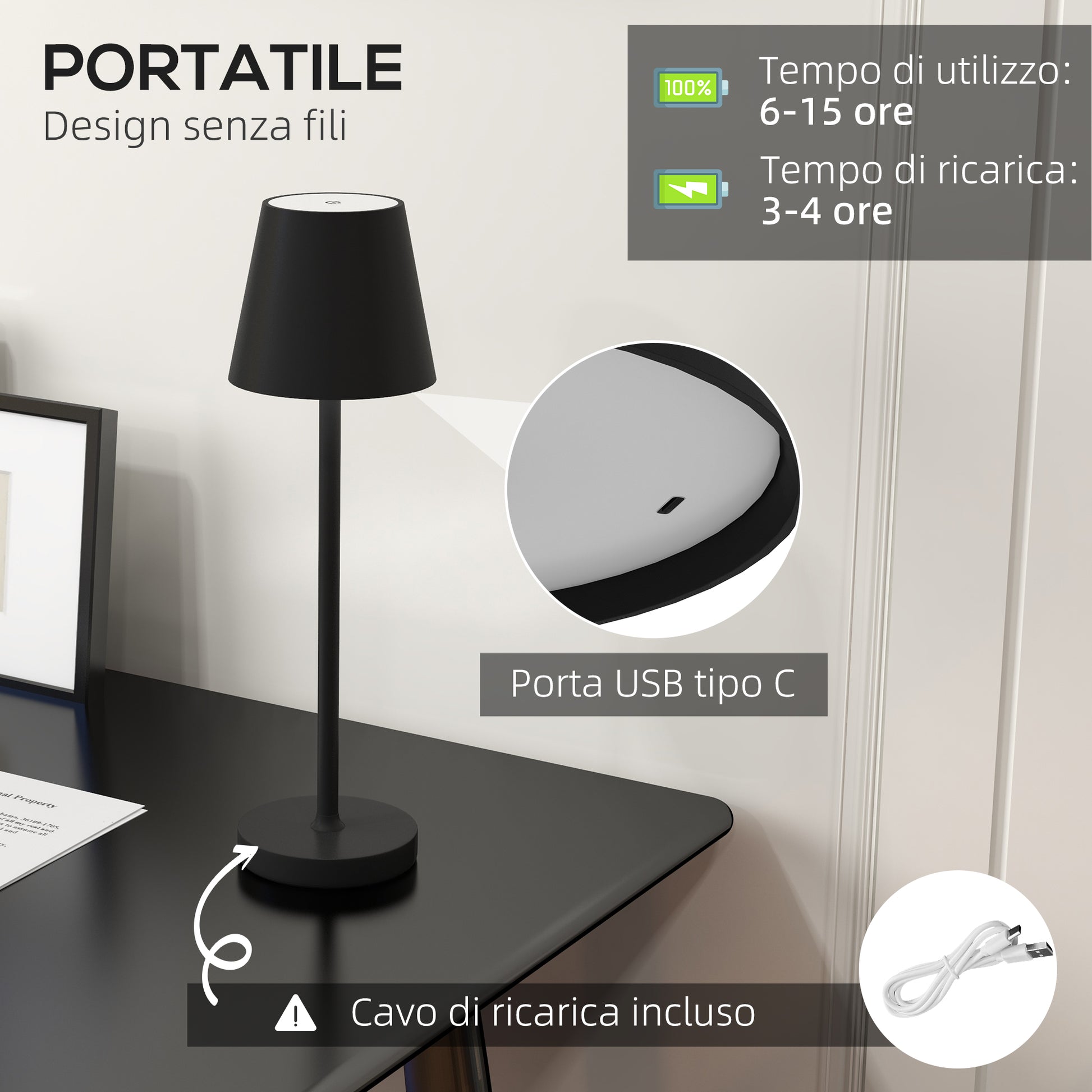 HOMCOM Portable Table Lamp in Acrylic and Metal 3600mAh with Charging Cable, Ø11.2x36.5 cm, Black - Borgè