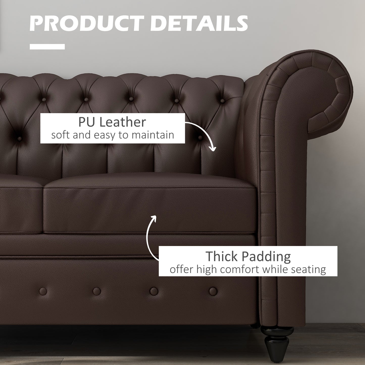 Homcom Chesterfield style 2 seater sofa with removable pillow, in ears, wood and metal, 160x84x80 cm, brown - Borgè