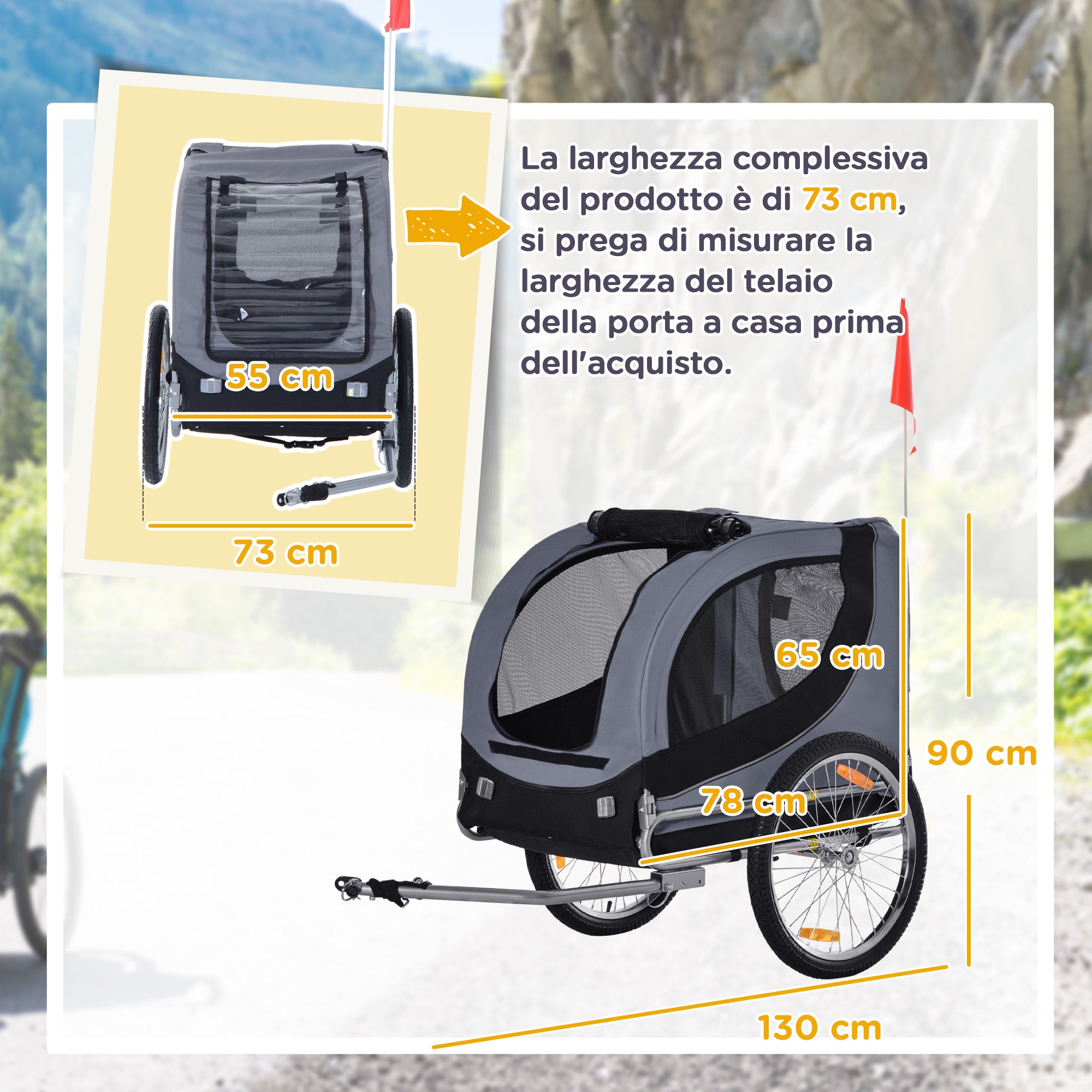 Bike Trailer for Medium Dogs with Side Windows and Flag, 130x73x90 cm, Grey and Black