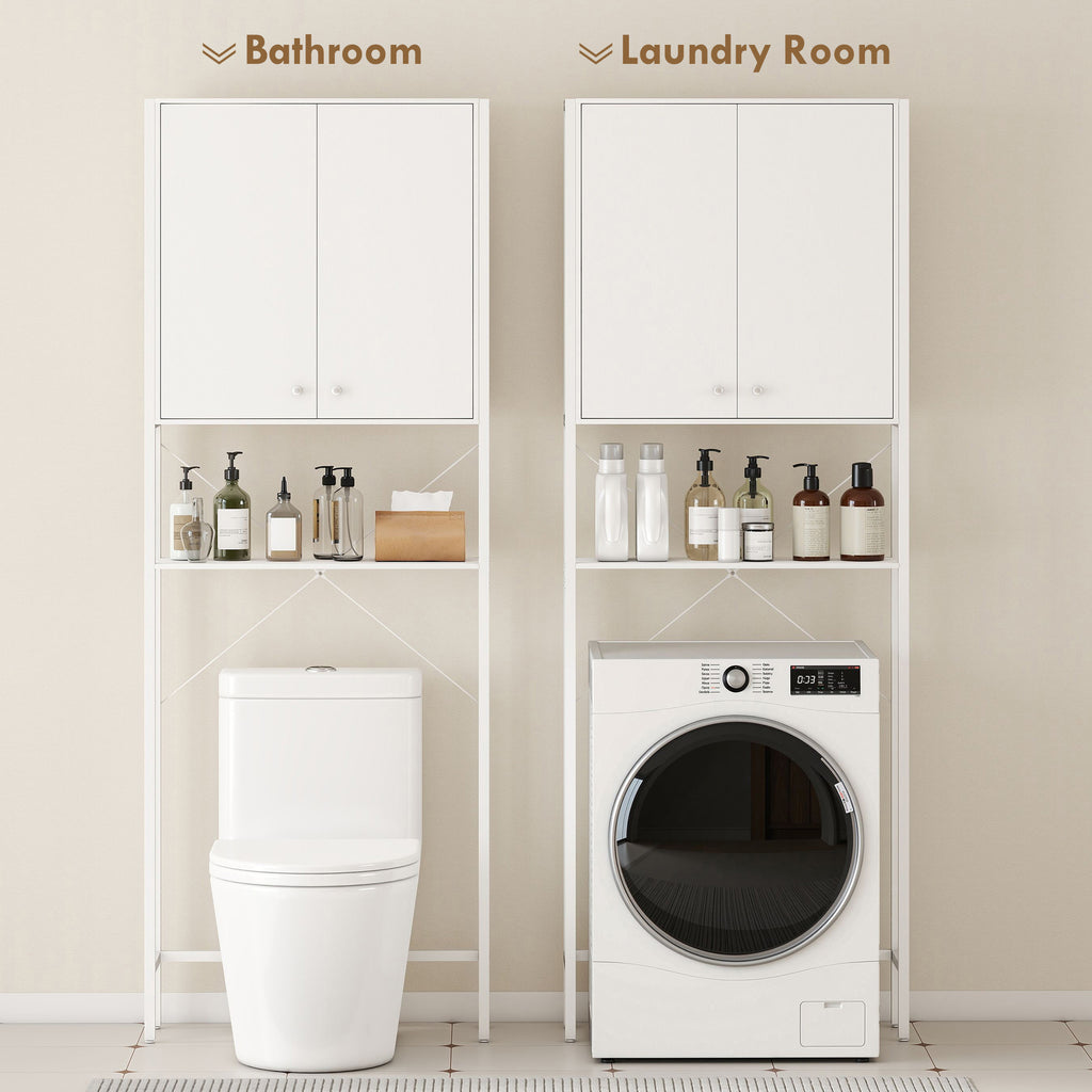 Bathroom Cabinet Above Toilet and Washing Machine with Cabinet and Open Shelf, 64x20x180 cm, White