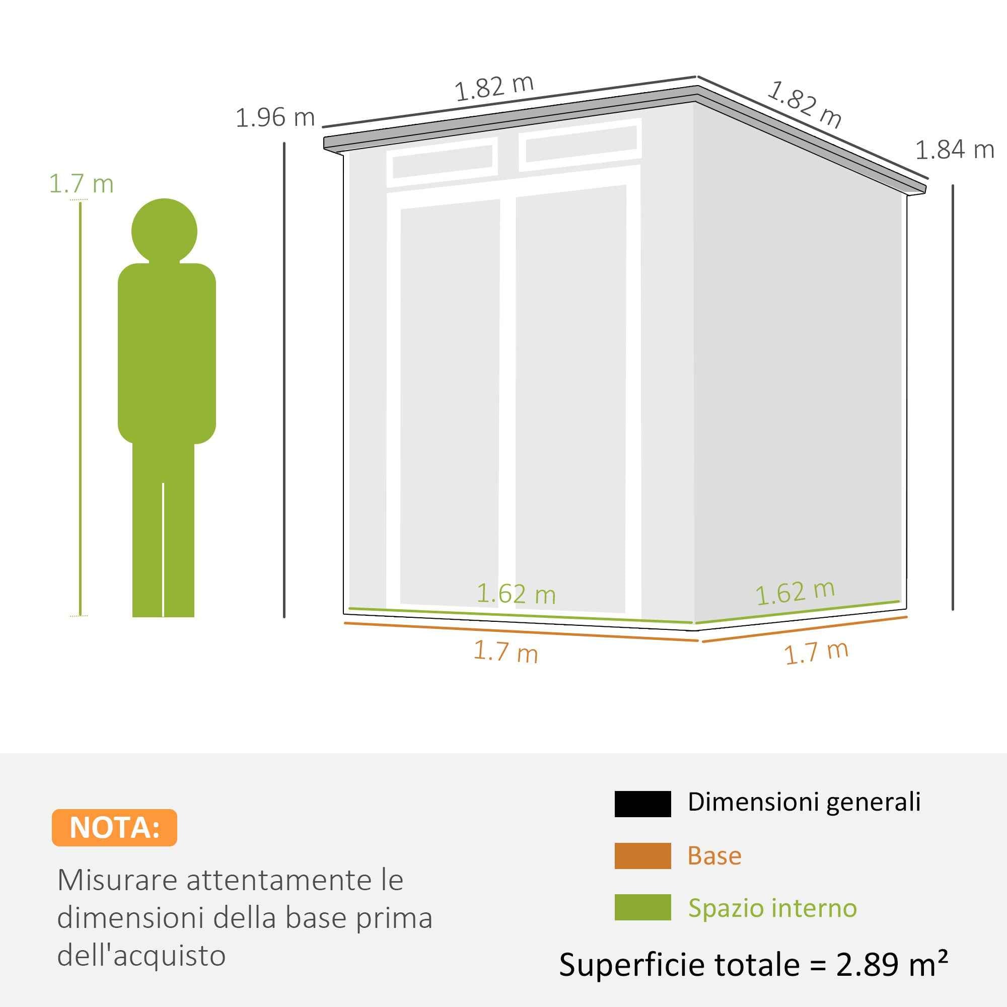 Garden Shed with 2 Entrances, 3 Windows and Air Vents, in PP and Aluminum, 182x182x196 cm, Dark Grey