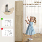 Minimal Storage Unit with 2 Cabinets and Adjustable Shelves, Oak-Colored Wood, 59x31x155 cm