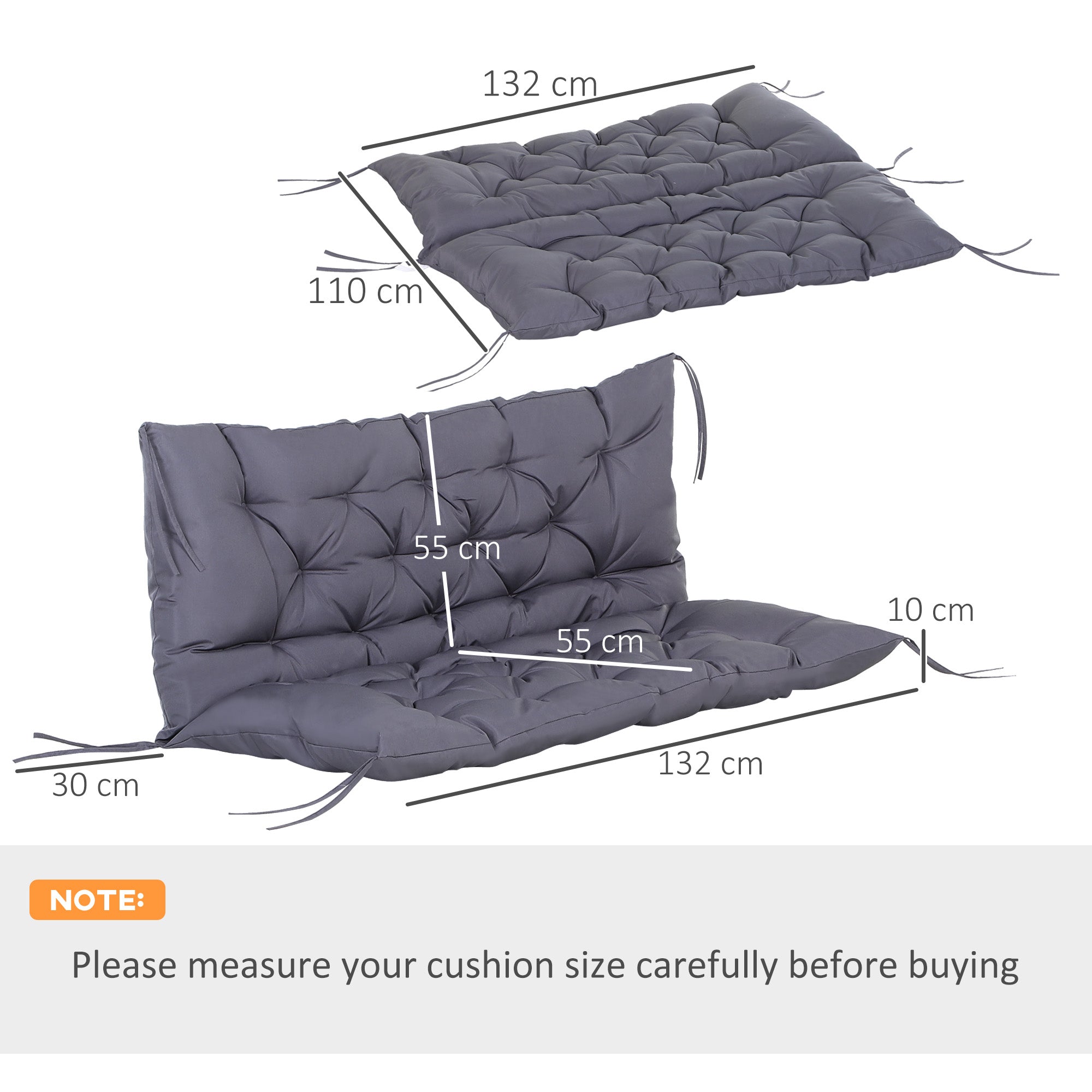 Outsunny 2-Seater Garden Cushion with Backrest for Benches and Swings, 132x110x10 cm, Dark Grey