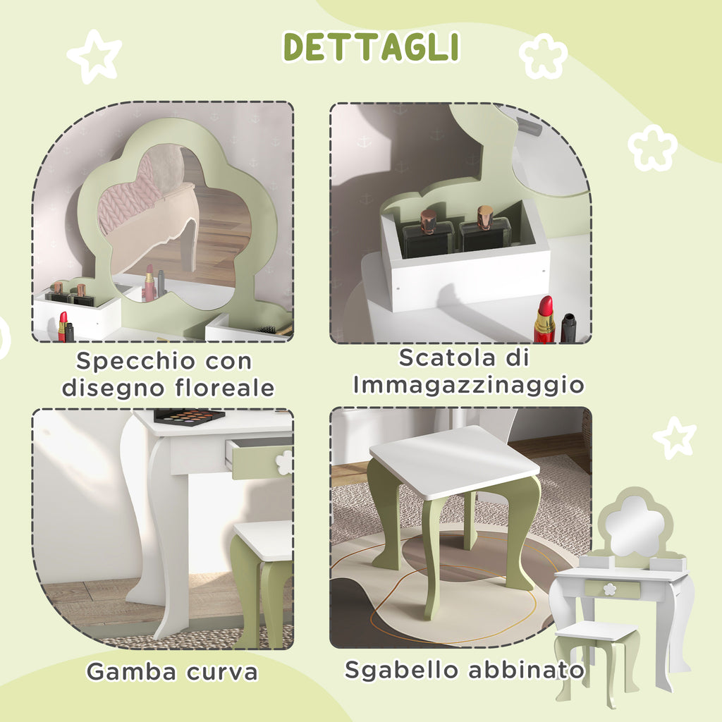 Girls' Dressing Table Set with Makeup Mirror and Matching Stool, Wooden Drawer and Storage, White