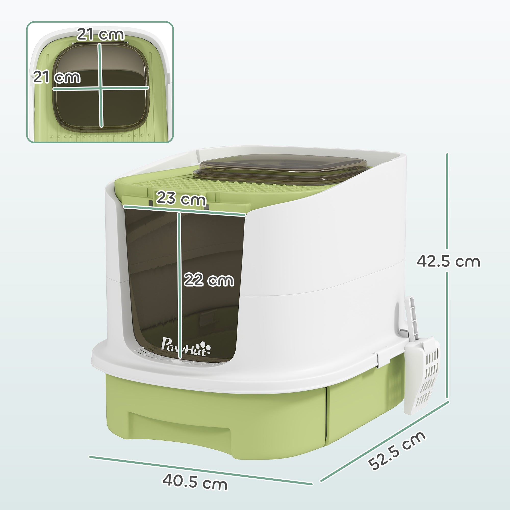 Enclosed Cat Litter Box with 2 Doors, Removable Tray, Scoop and Deodorizer, in PP, 40.5x52.5x42.5 cm, Green