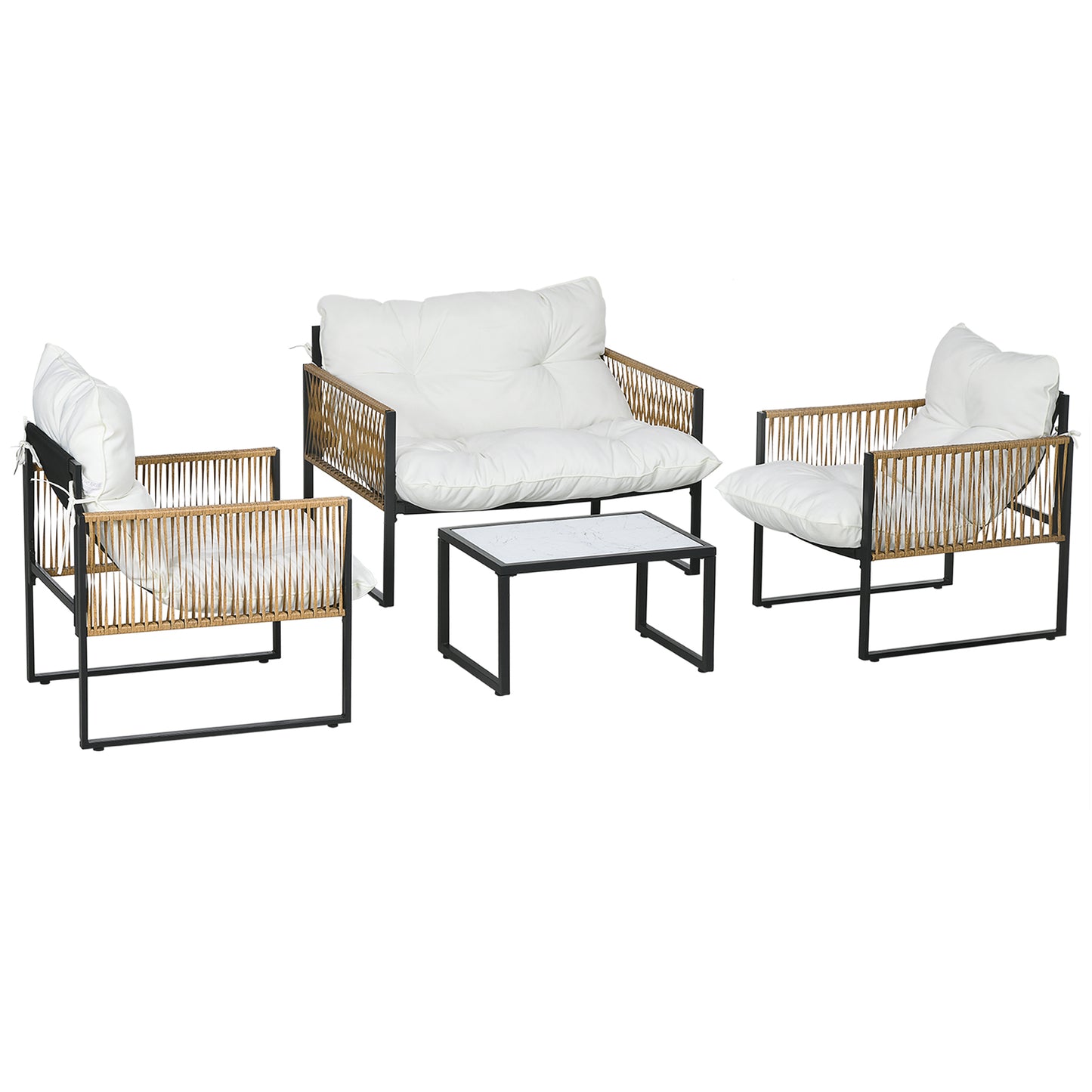 CAMILLA |  4 Piece Rattan Garden Set with Sofa, 2 Chairs and Coffee Table, Black, Brown and Cream