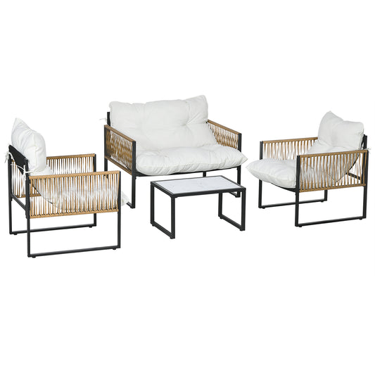 CAMILLA |  4 Piece Rattan Garden Set with Sofa, 2 Chairs and Coffee Table, Black, Brown and Cream