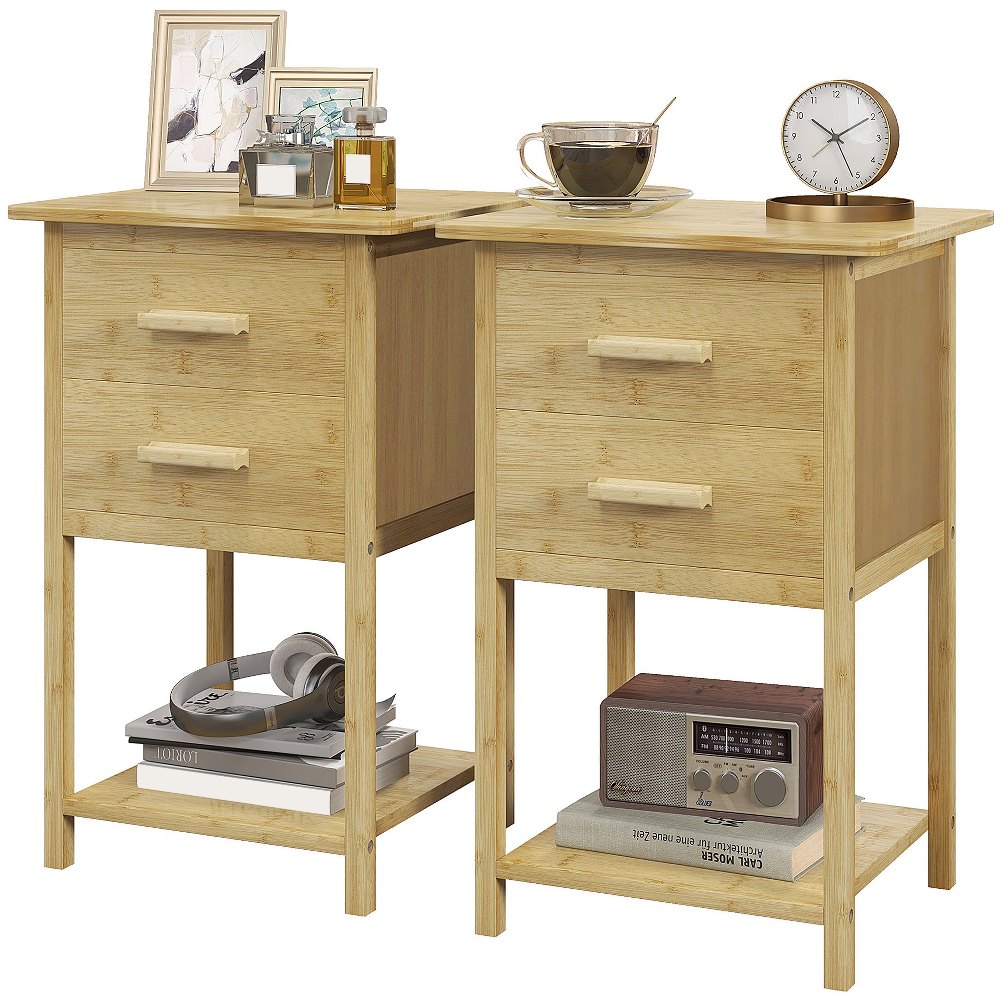 HOMCOM Set of 2 Bedside Tables with 2 Drawers and Lower Shelf in Nordic Style, in Bamboo, 40x34x60 cm - Borgè