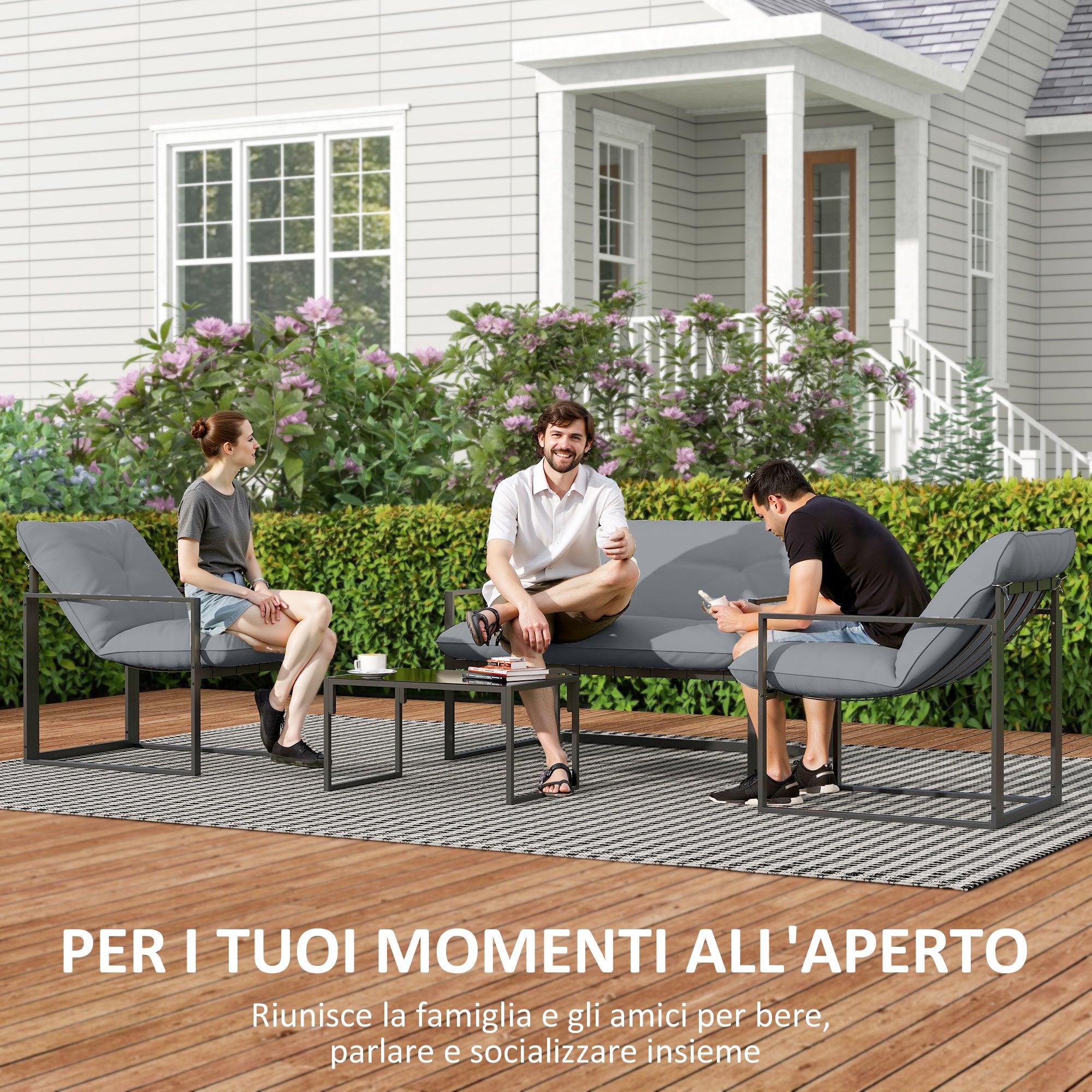 Outsunny 4-Piece Garden Set with Sofa, 2 Armchairs and Coffee Table, in Steel, Polyester and PP Cotton, Black and Grey