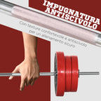 Barbell and Plates Set 65kg total for Home Workout, in Metal, Iron Sand and Rubber, Red
