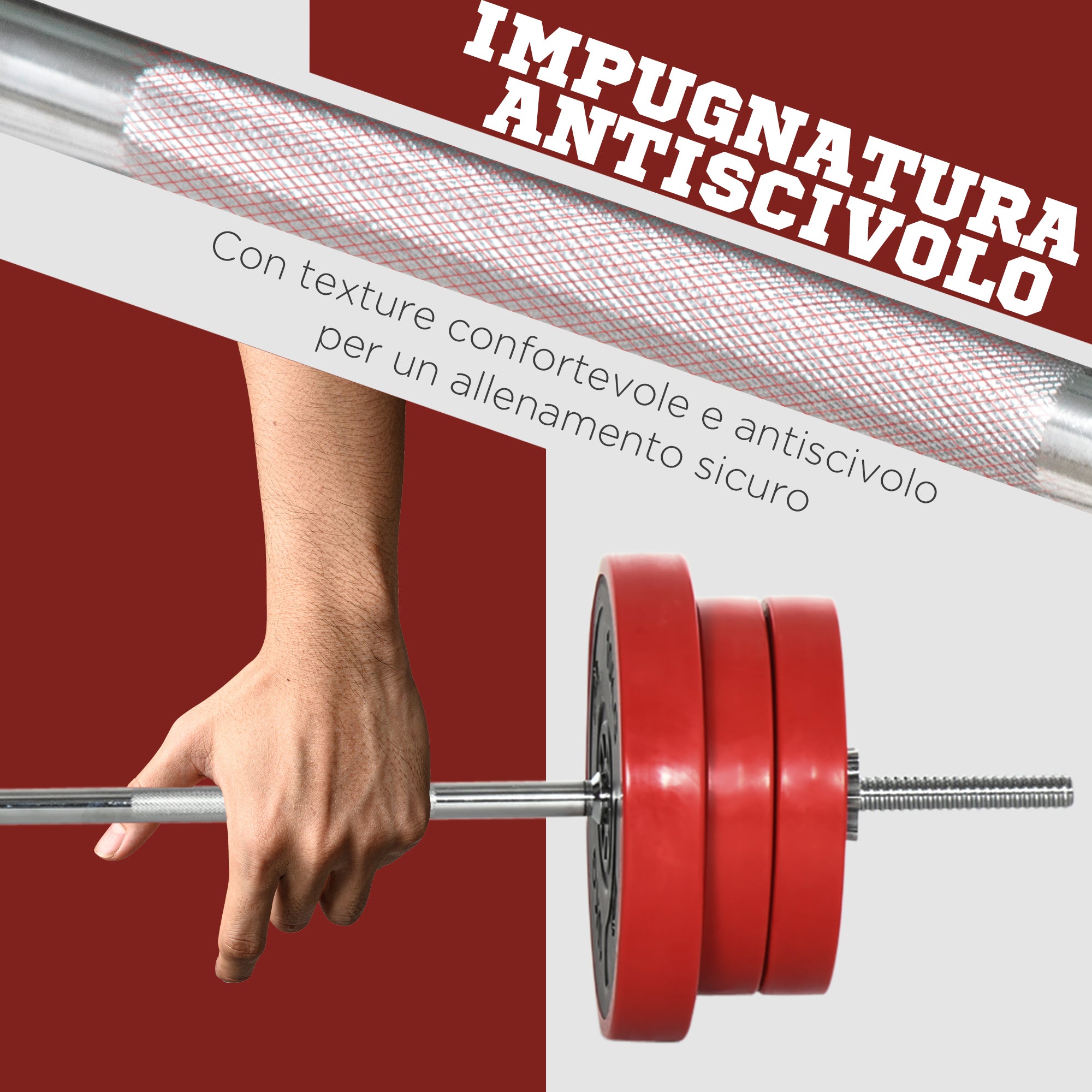Barbell and Plates Set 65kg total for Home Workout, in Metal, Iron Sand and Rubber, Red