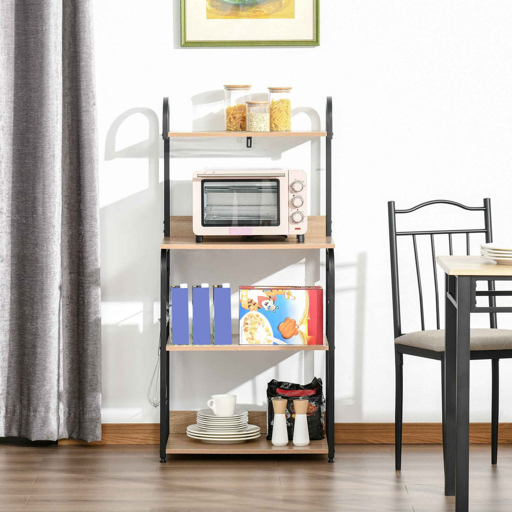 HOMCOM Kitchen Microwave Cabinet with 4 Shelves and 4 Hooks, Steel and Wood, 60x40x125 cm, Wood Color